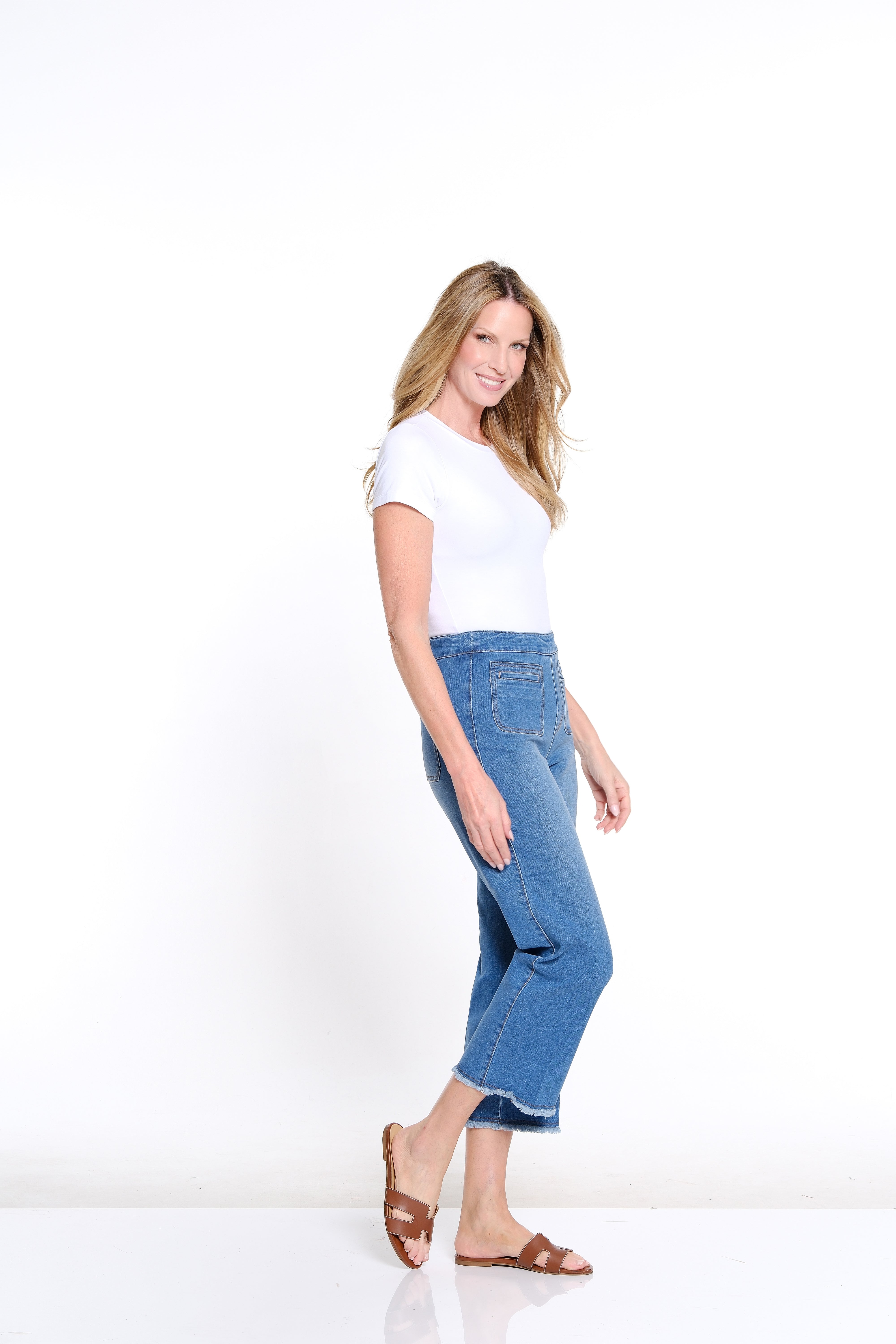 Wide Leg Denim Crop Jean with Fringe Hem - Petite - Medium Indigo