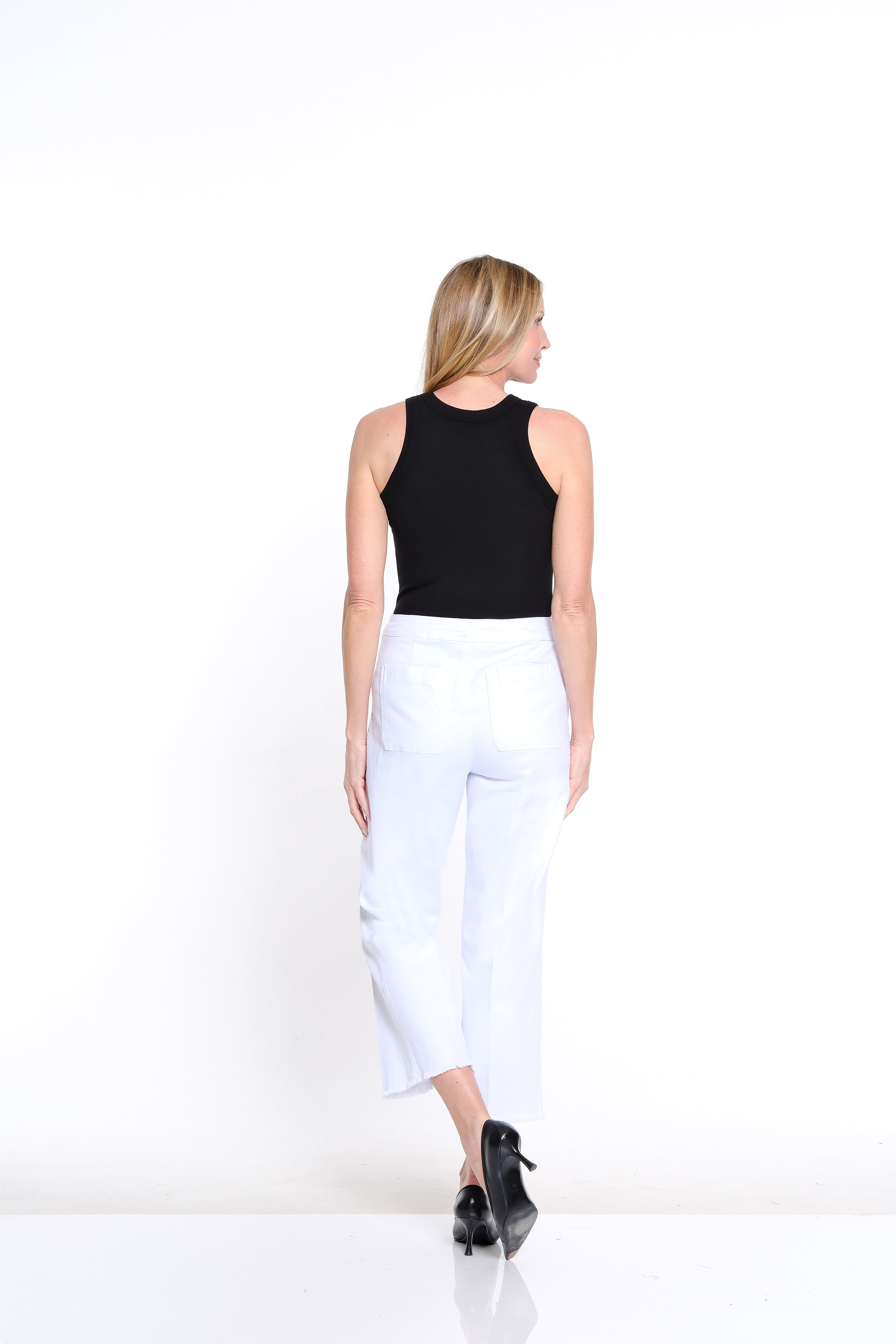 Wide Leg Denim Crop Jean with Fringe Hem - Petite - White