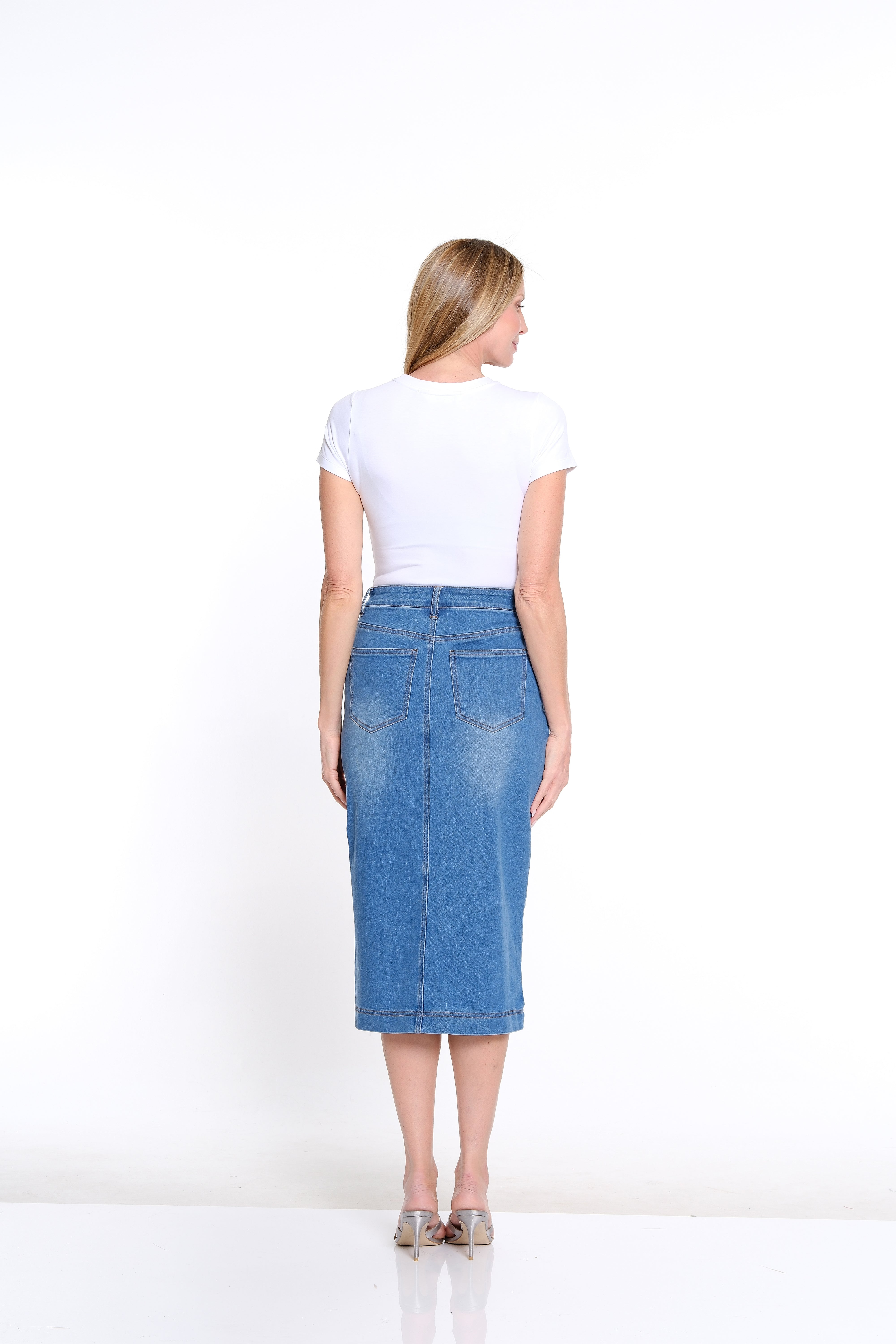 Button-Front Straight Denim Skirt - Medium Indigo