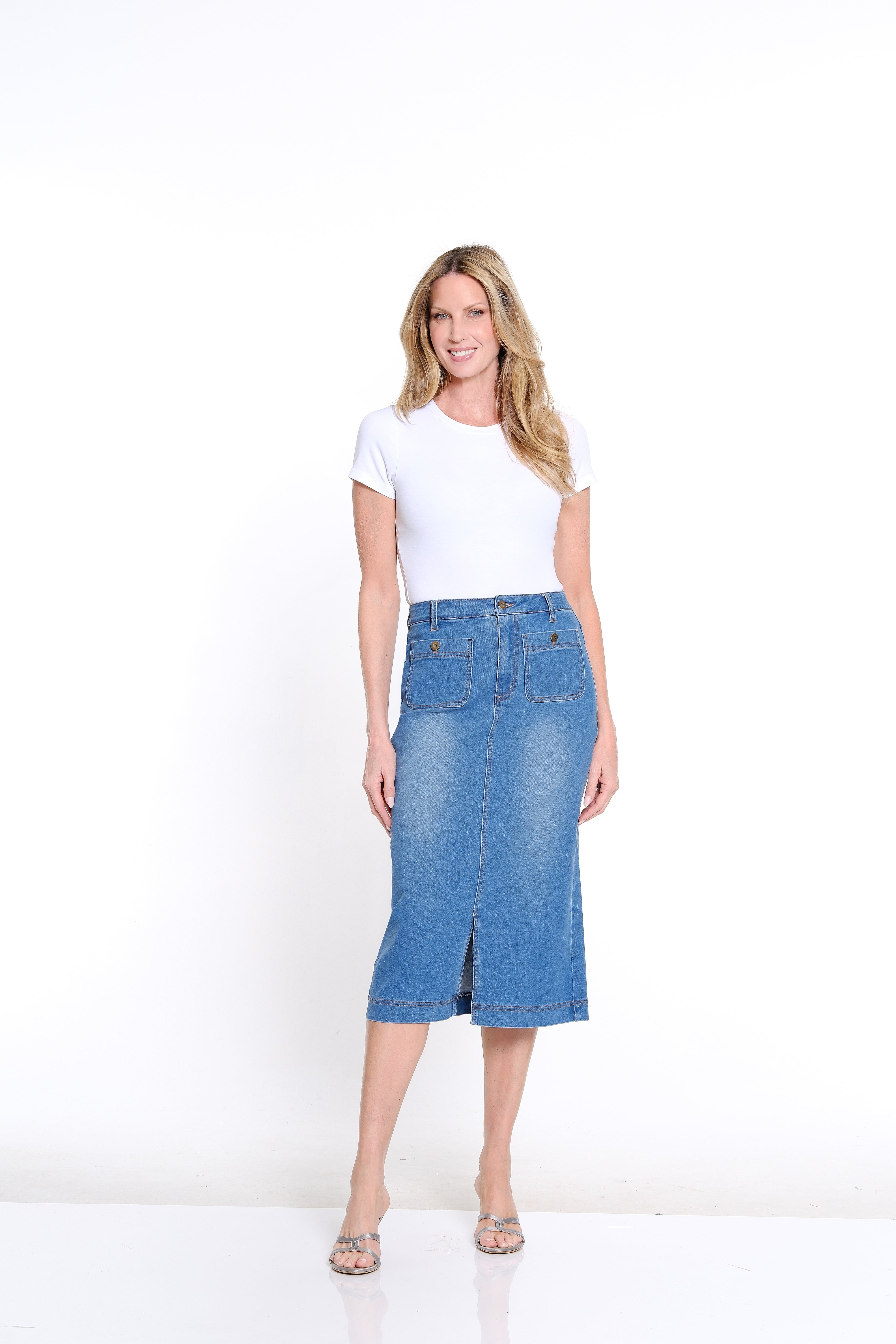 Button-Front Straight Denim Skirt - Medium Indigo