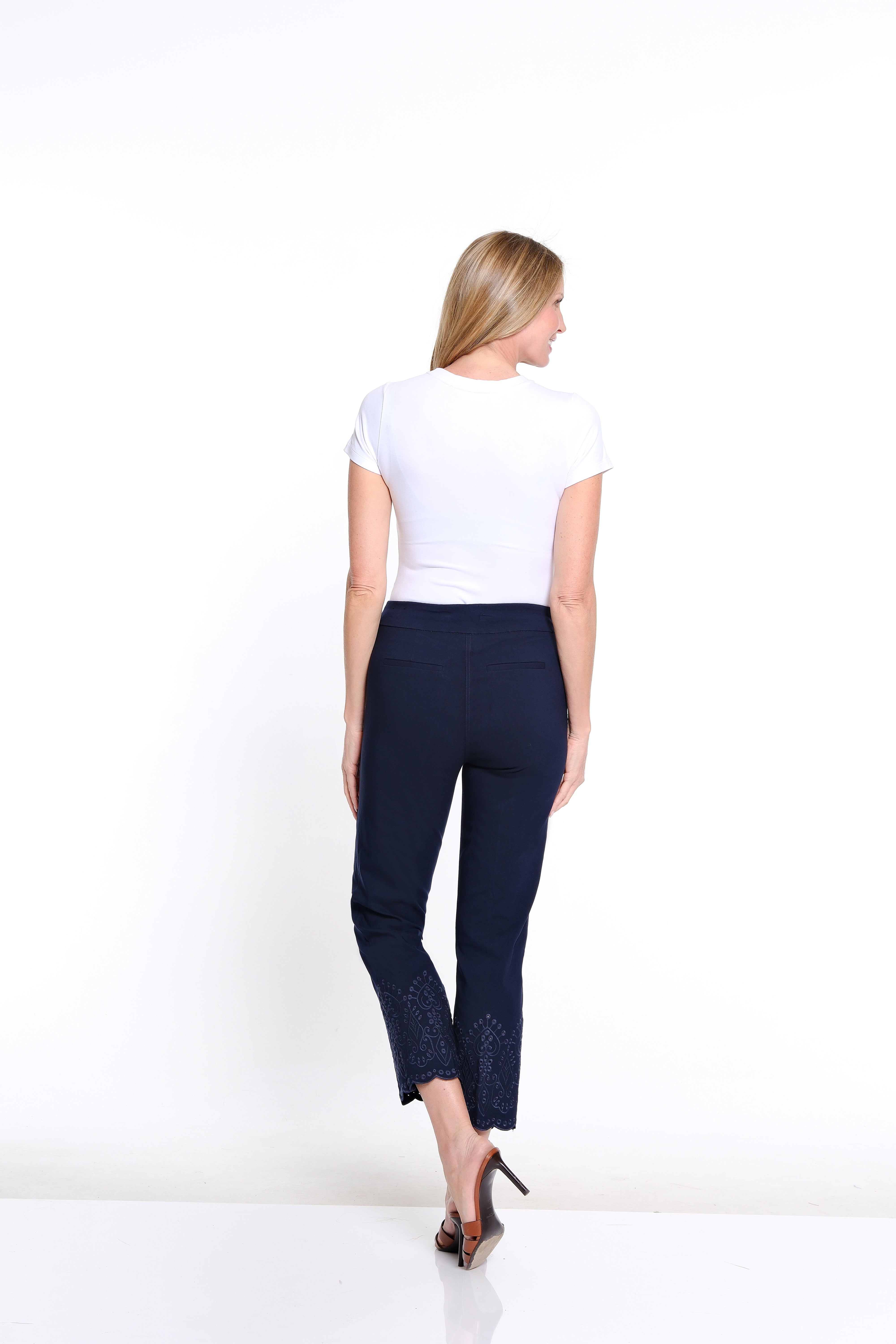 Embroidered Hem Twill Ankle Pant - Midnight