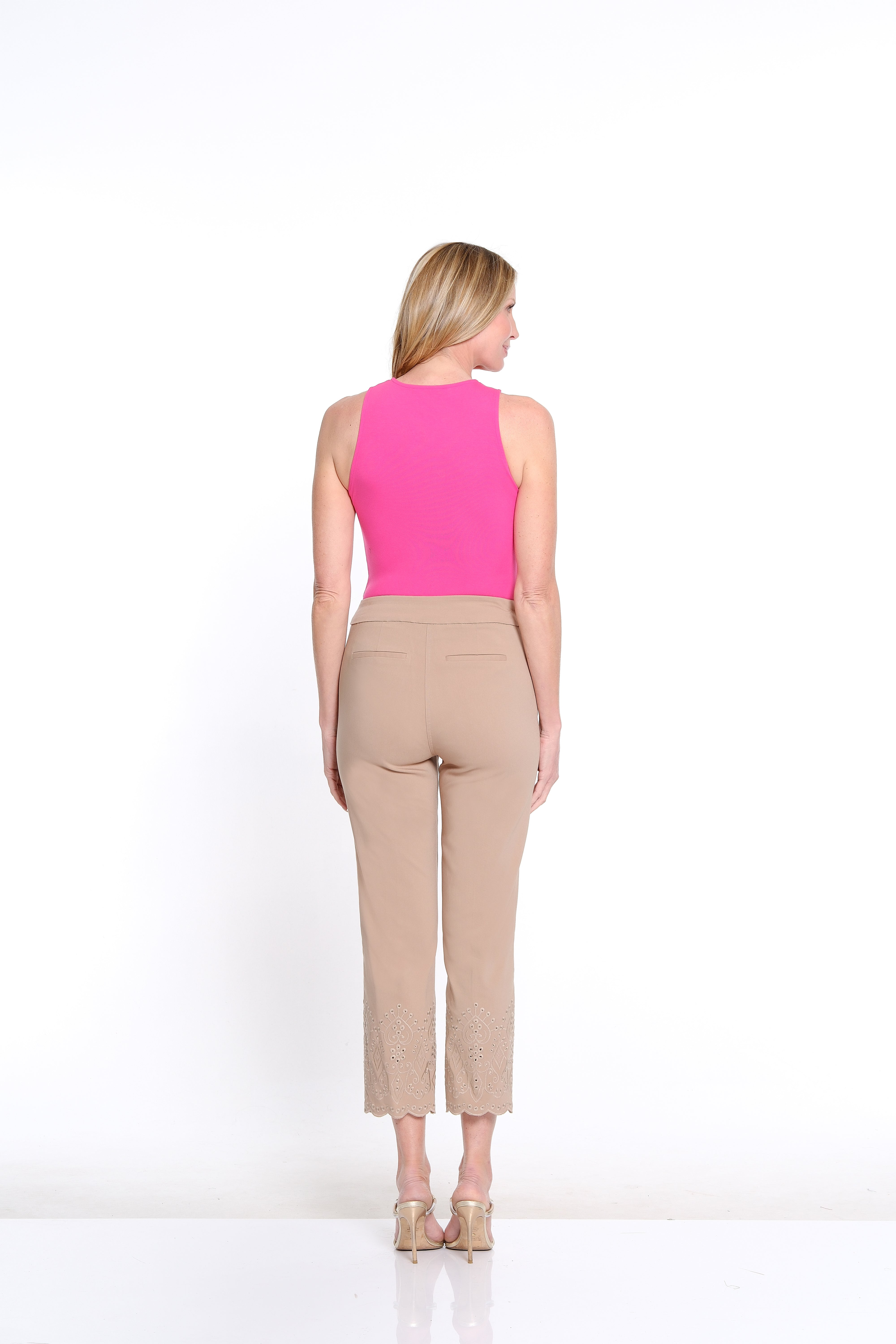 Embroidered Hem Twill Ankle Pant - Taupe