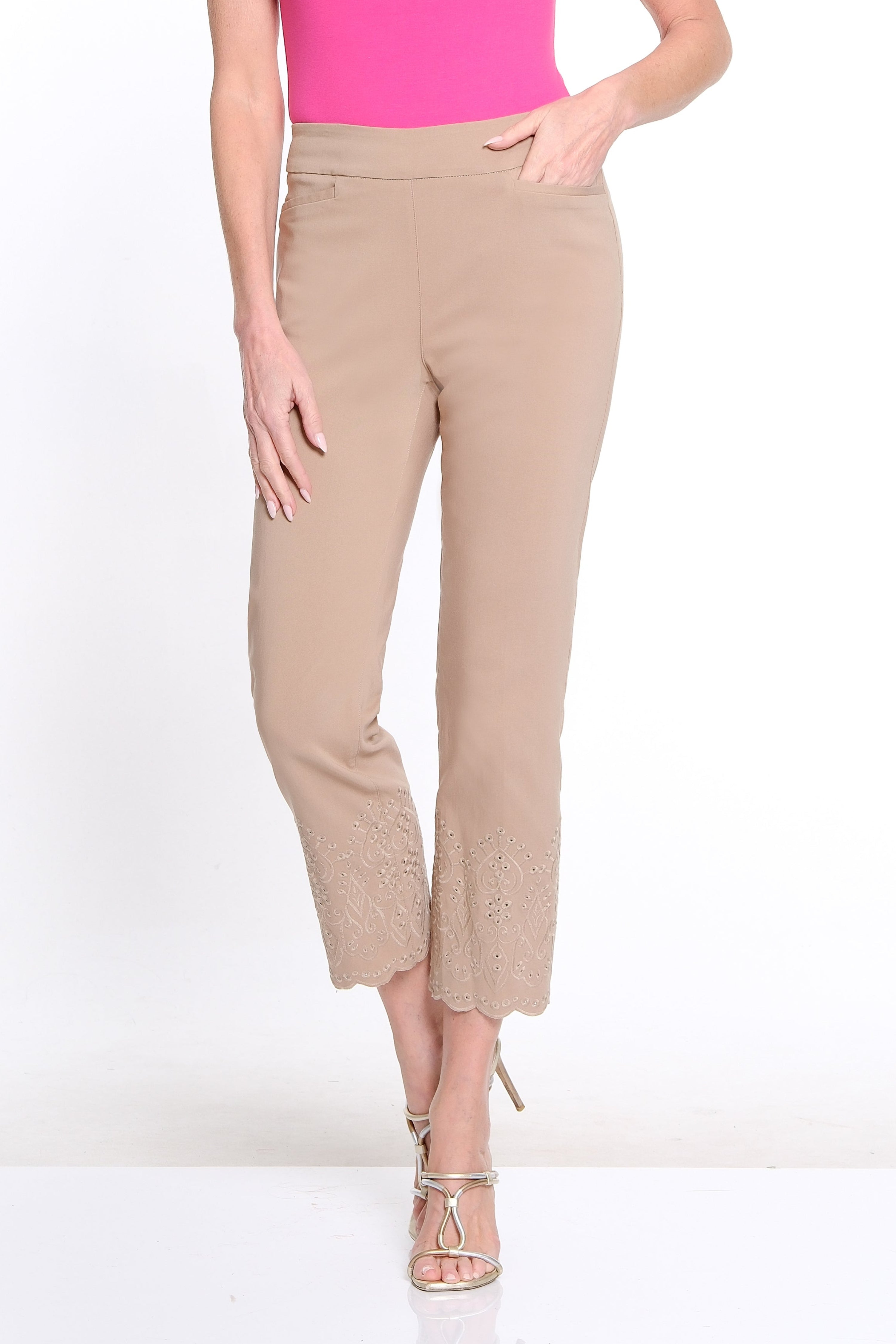 Embroidered Hem Twill Ankle Pant - Taupe