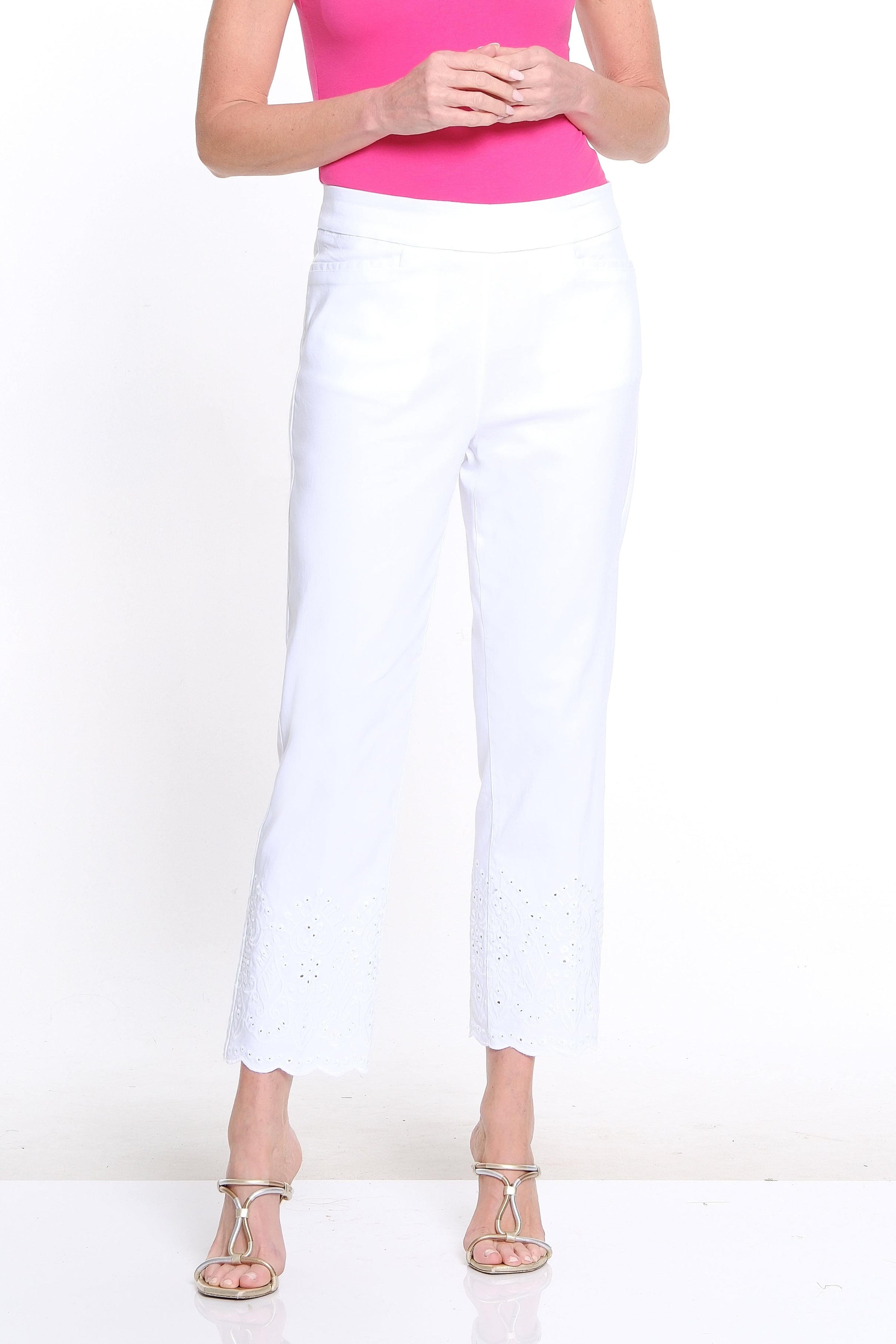 Embroidered Hem Twill Ankle Pant - White