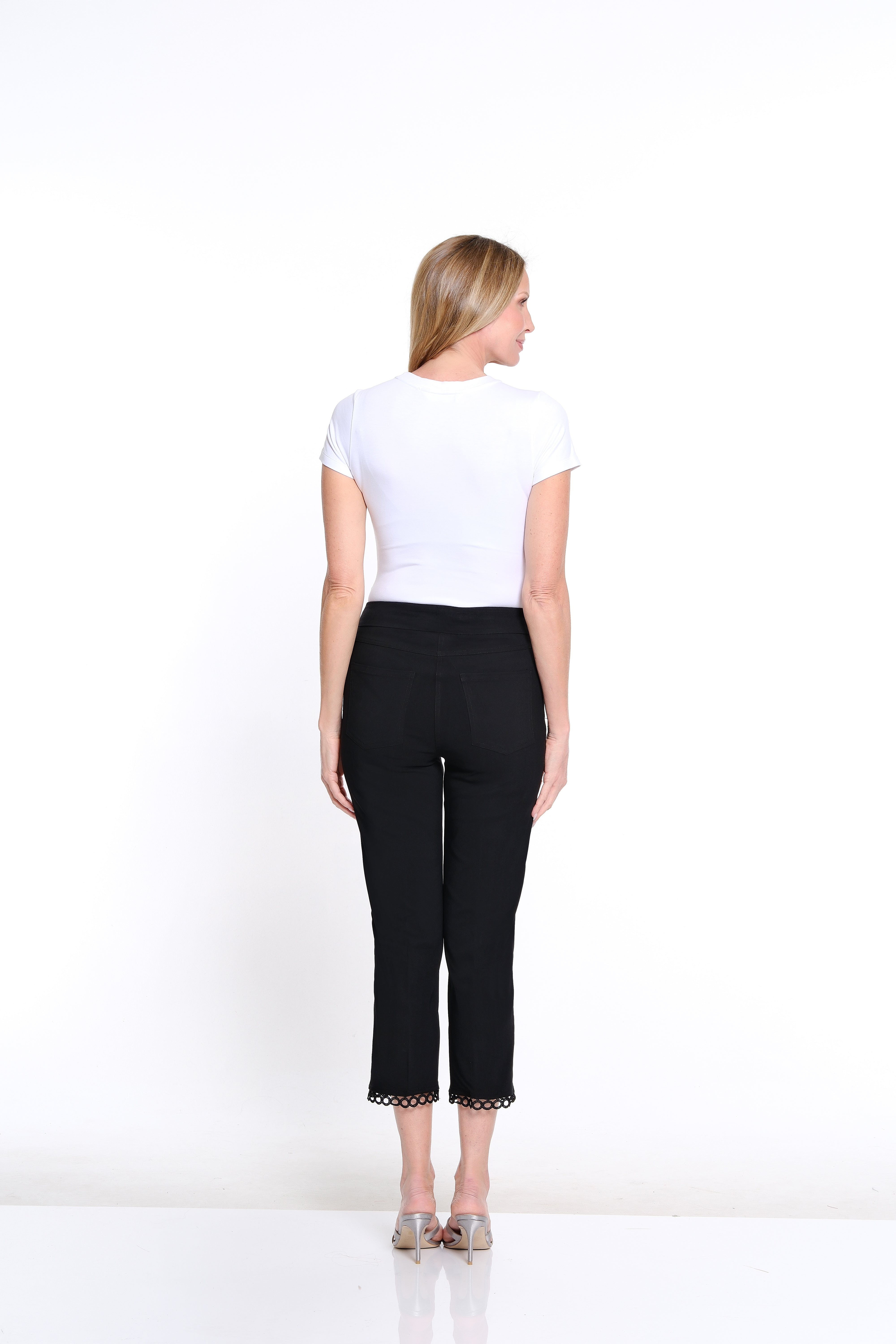 Solid Twill Crop Pant with Lace Hem - Petite - Black