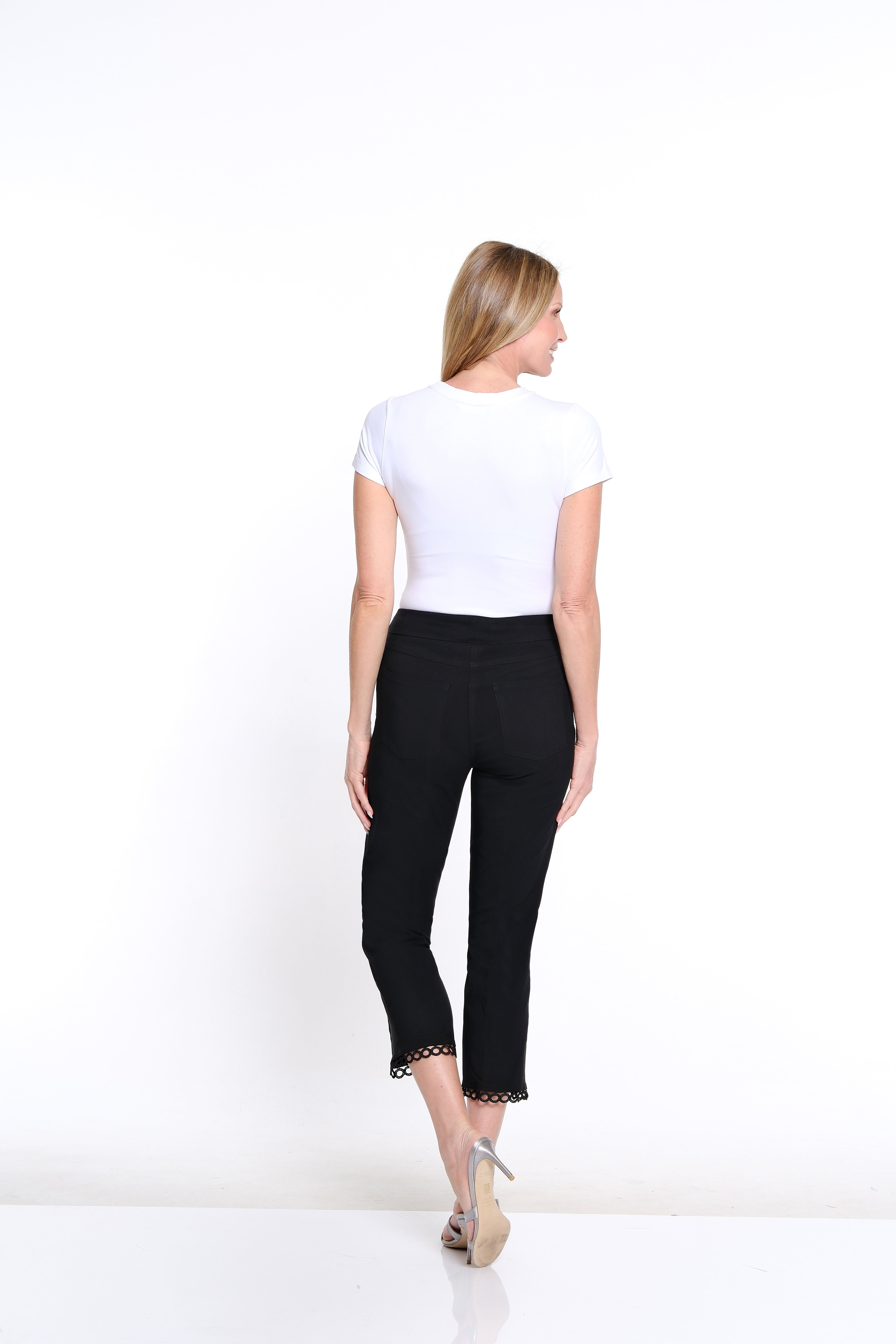 Solid Twill Crop Pant with Lace Hem - Petite - Black