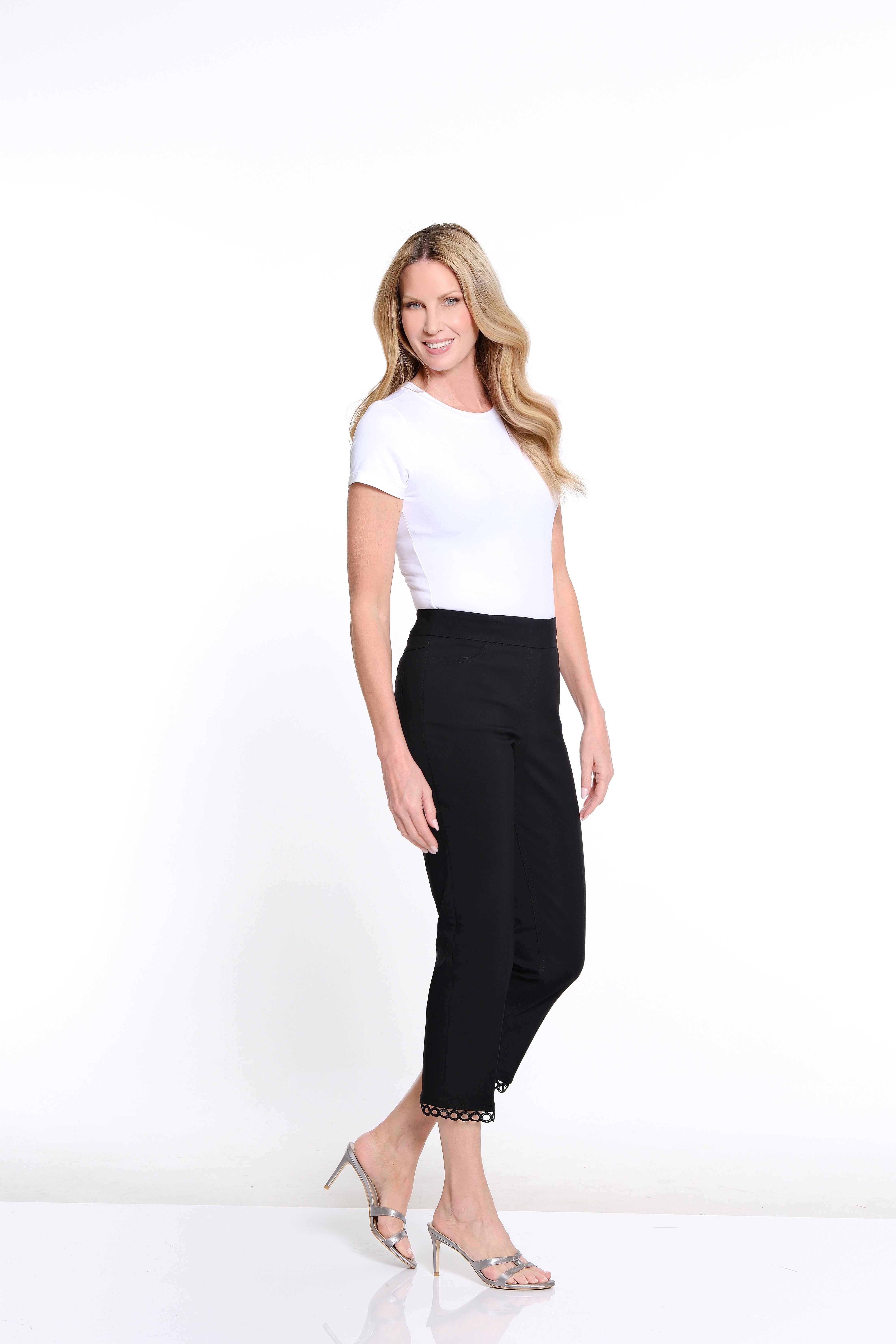 Solid Twill Crop Pant with Lace Hem - Petite - Black
