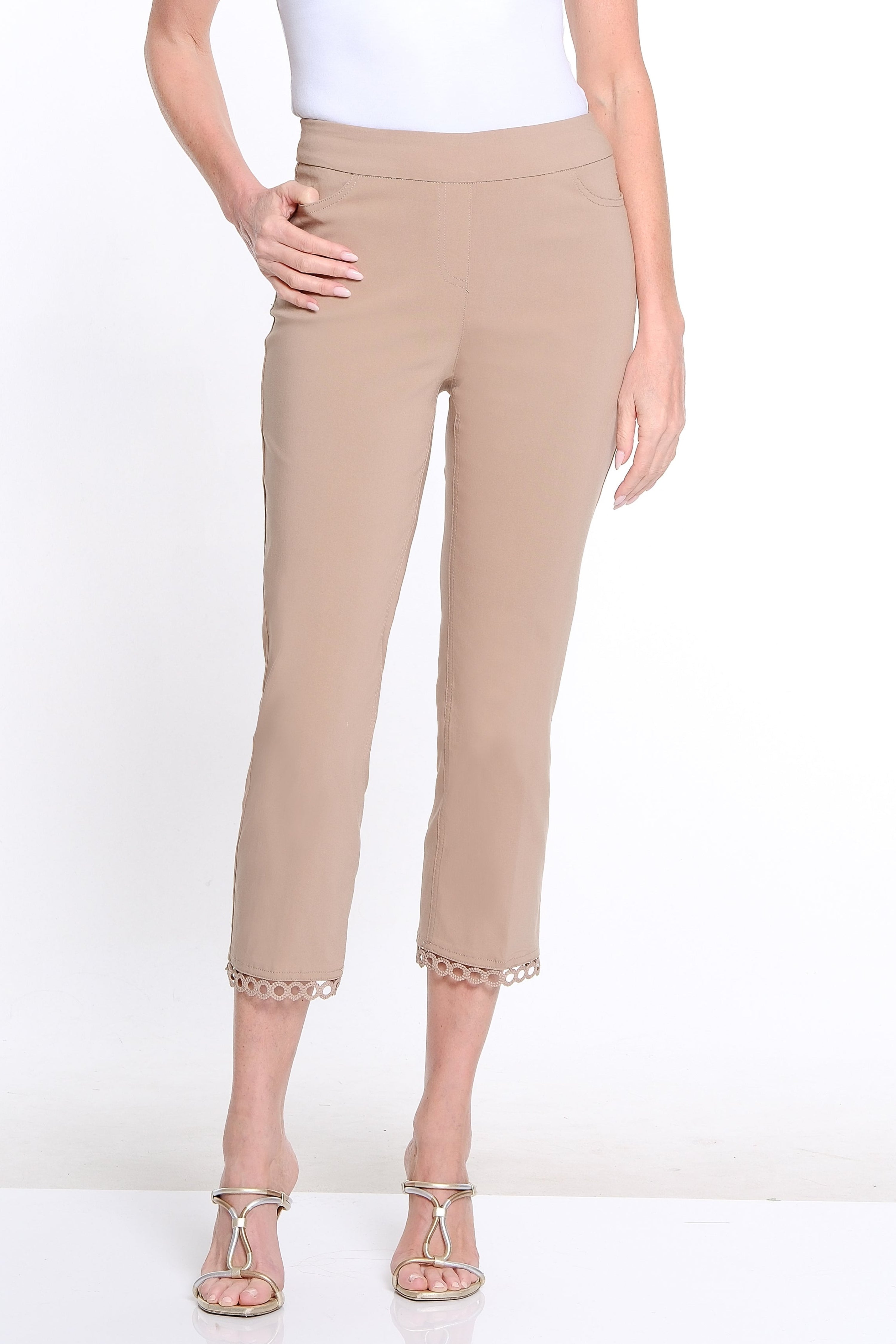 Solid Twill Crop Pant with Lace Hem - Taupe
