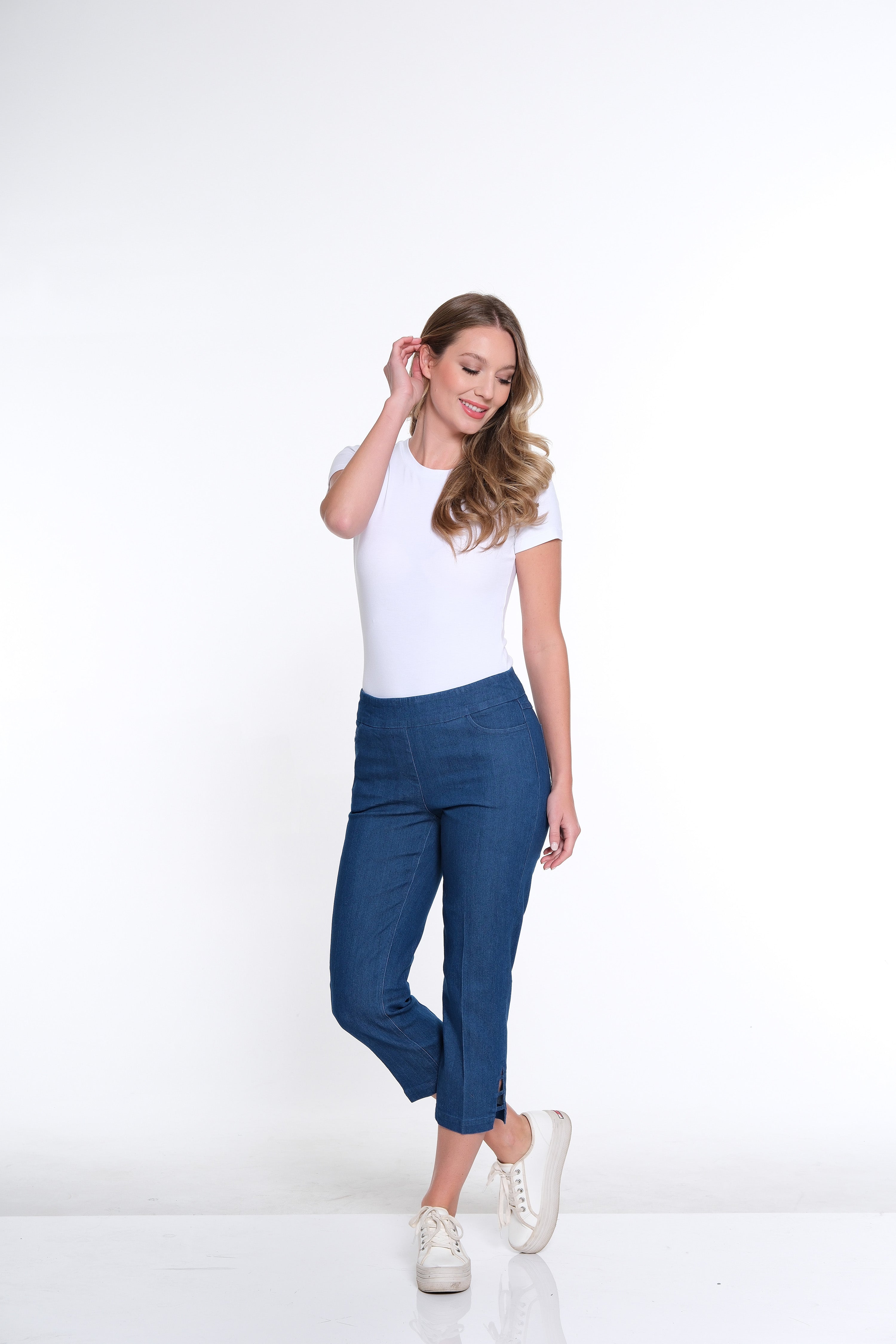 Petite 3-Strap Hem Crop Jeans - Denim