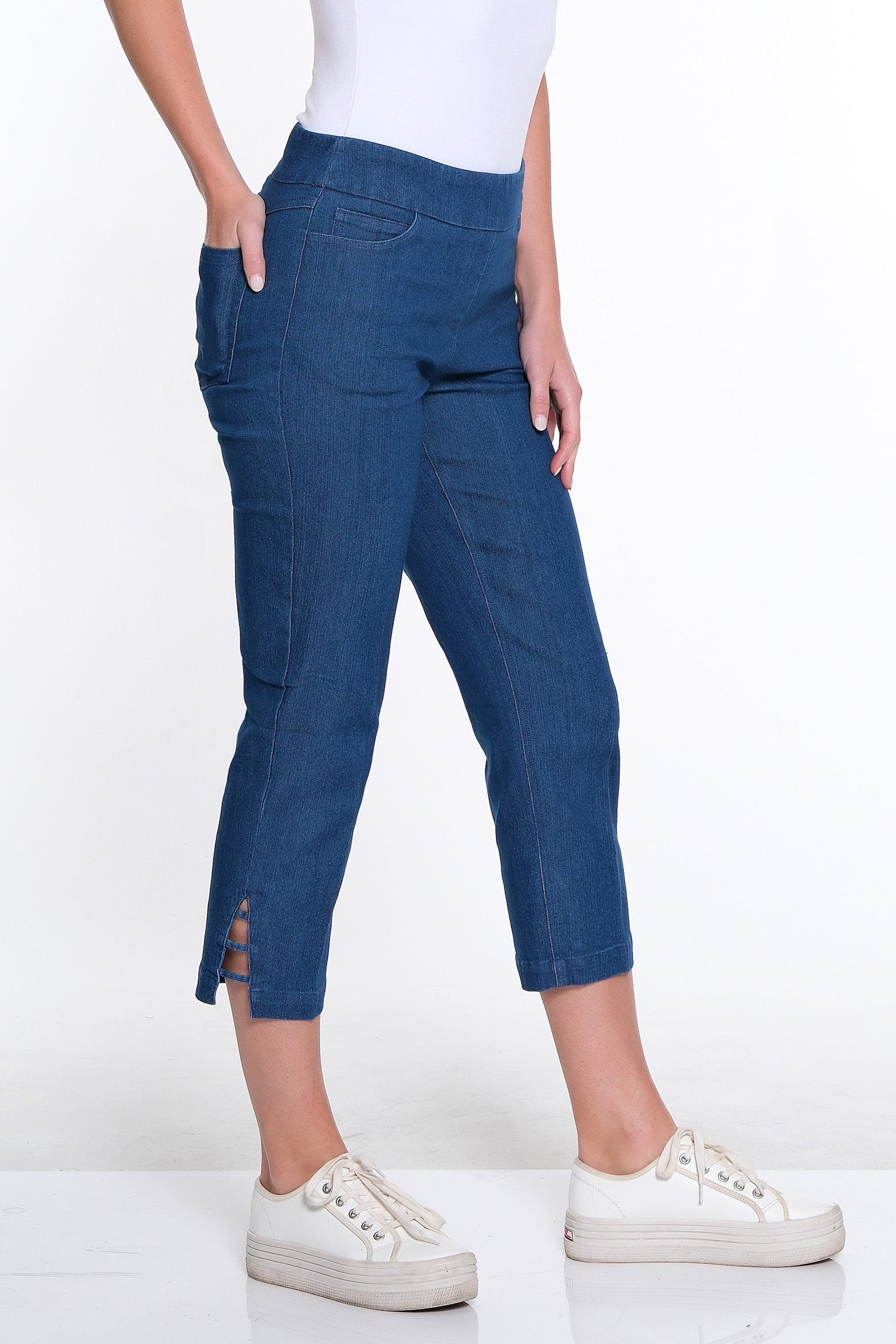Petite 3-Strap Hem Crop Jeans - Denim