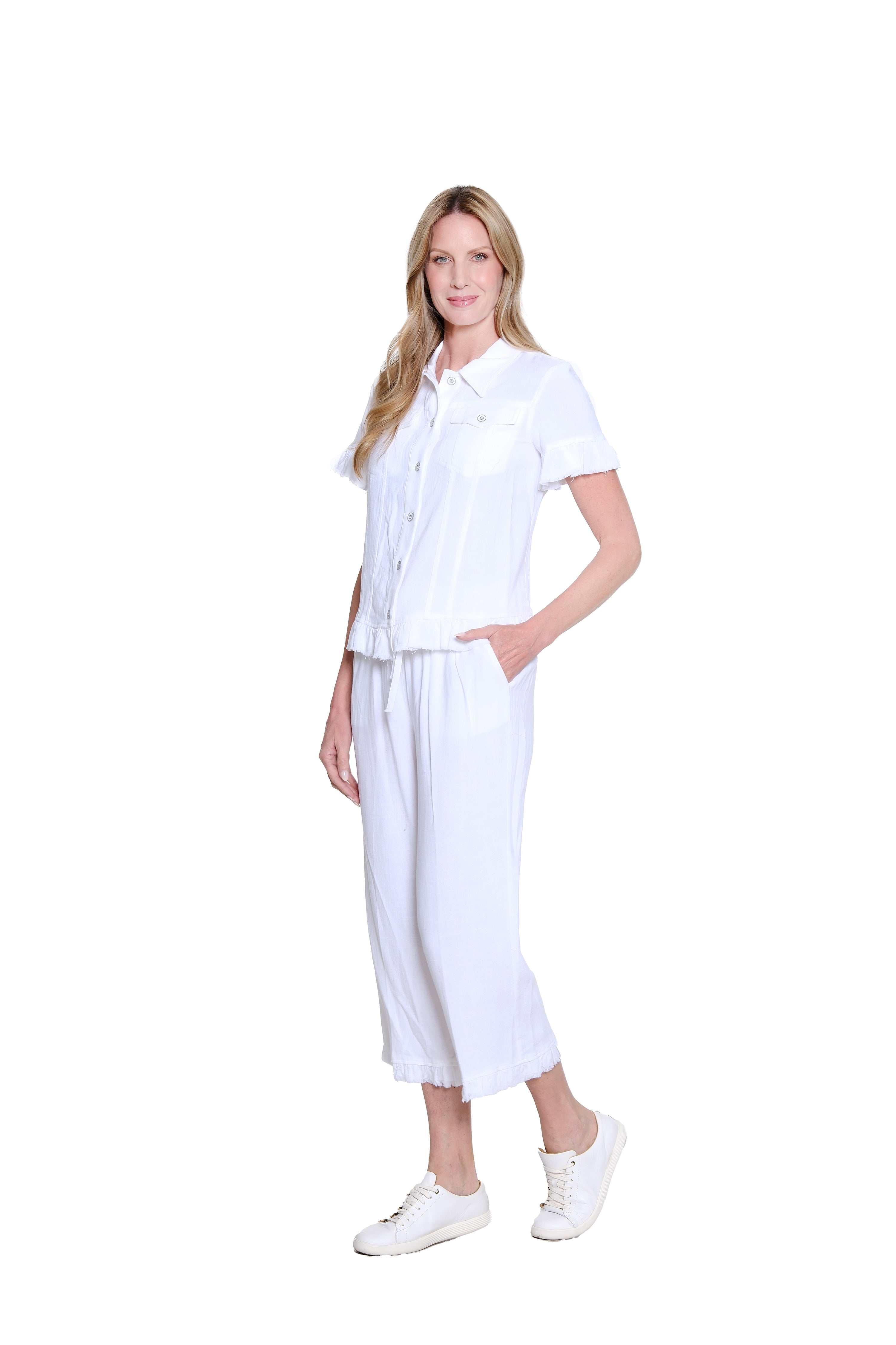 Plus Size Ruffle Hem Crop Pant - White