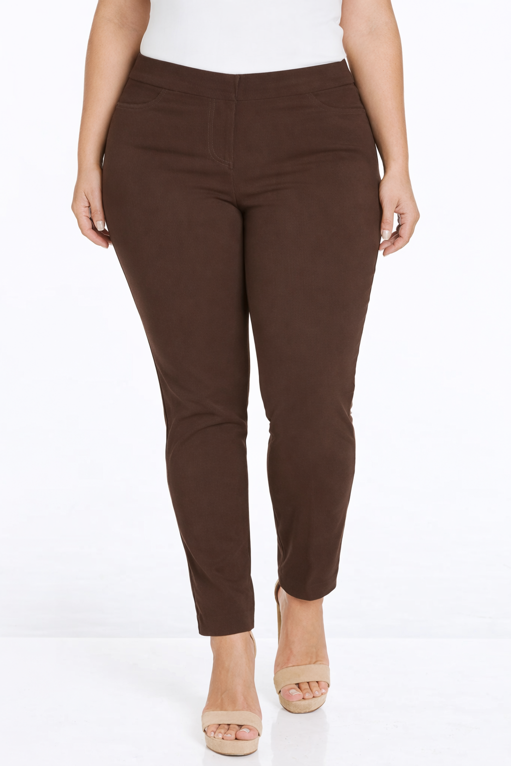 Plus Size Pull-On Solid Narrow Leg Pant With Faux Front Pockets - Chocolate