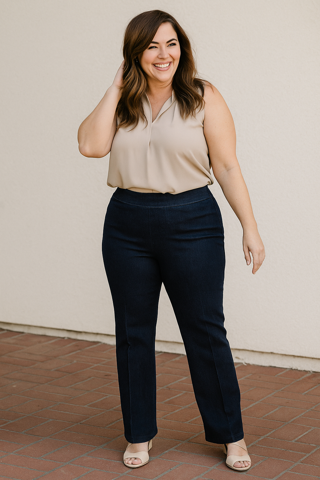 Plus Size Pull-On Solid Relaxed Leg Pant With Faux Front Pockets - Denim