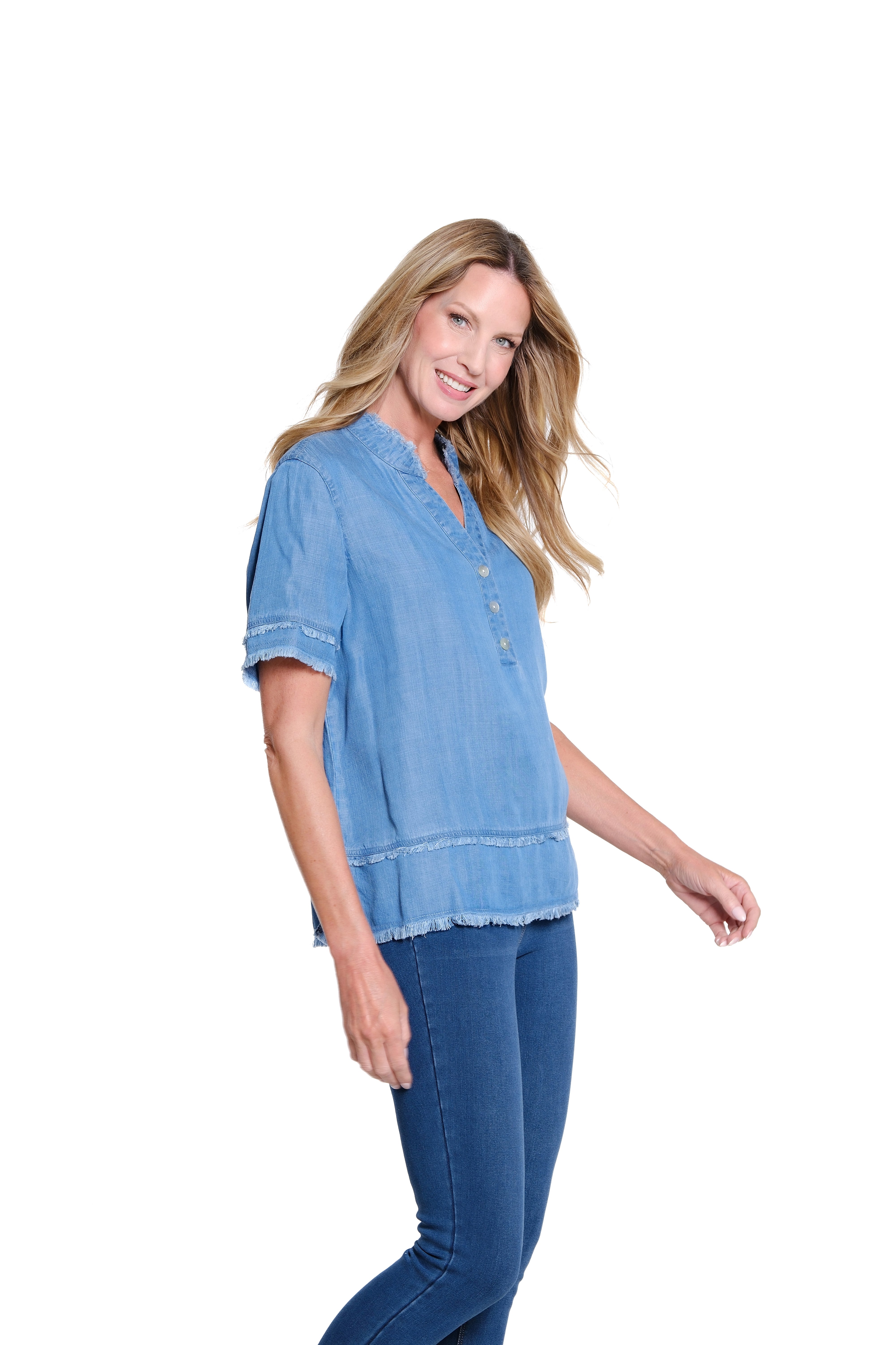 Fringe-Hem Woven Popover Shirt - Light Indigo