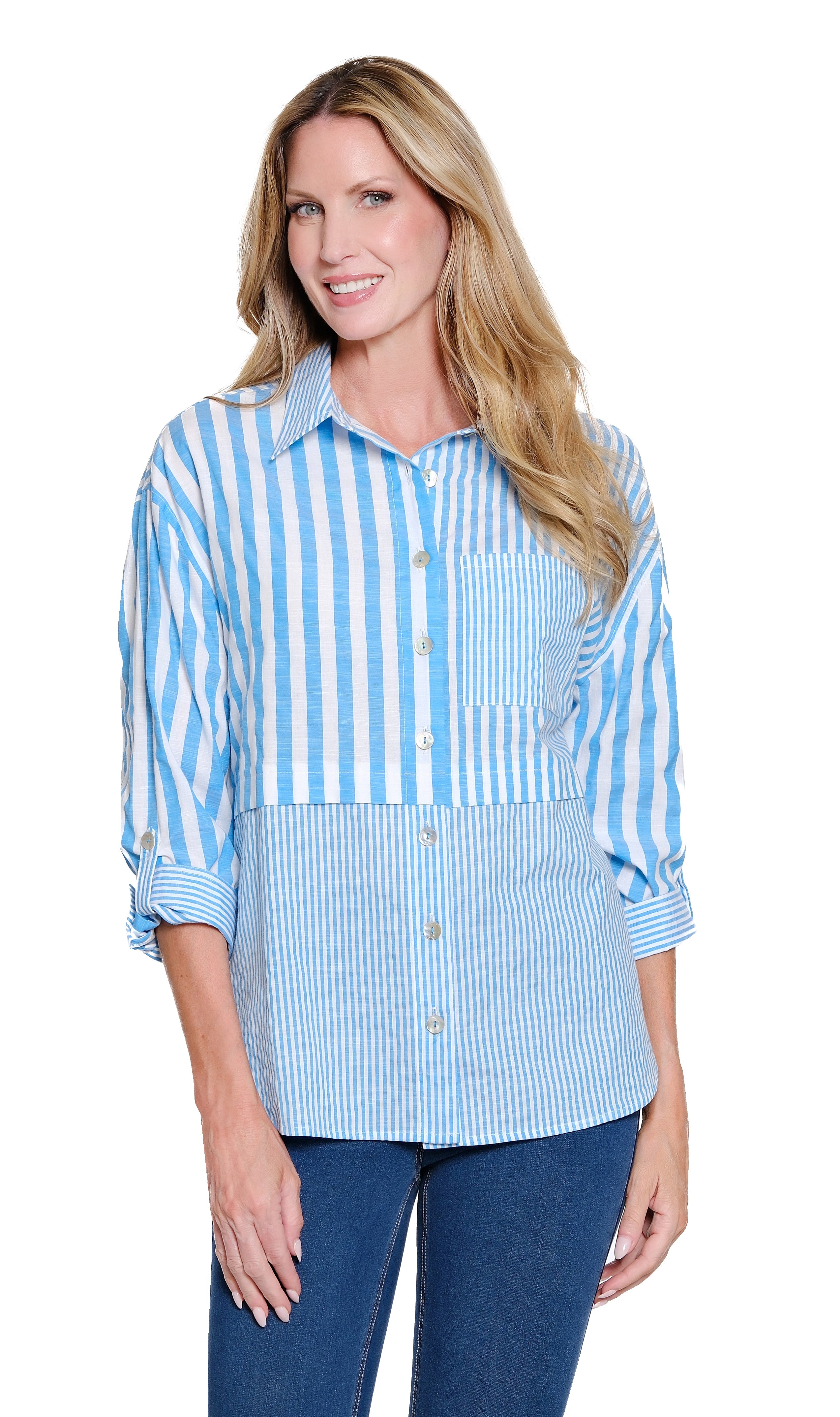 Bright Turquoise Turn-Up Cuff Scallop Shirt - Plus