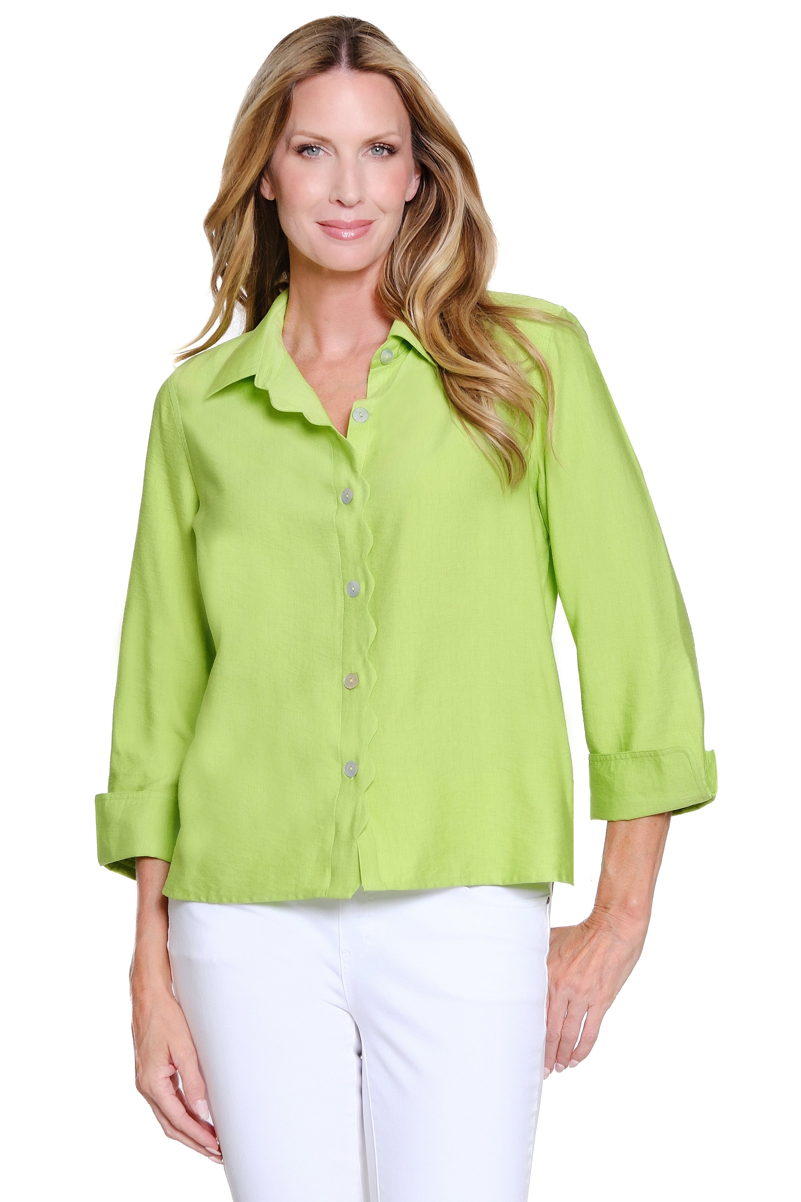 Neon Lime Curved Turn-Up Cuff Scallop Shirt - Petite