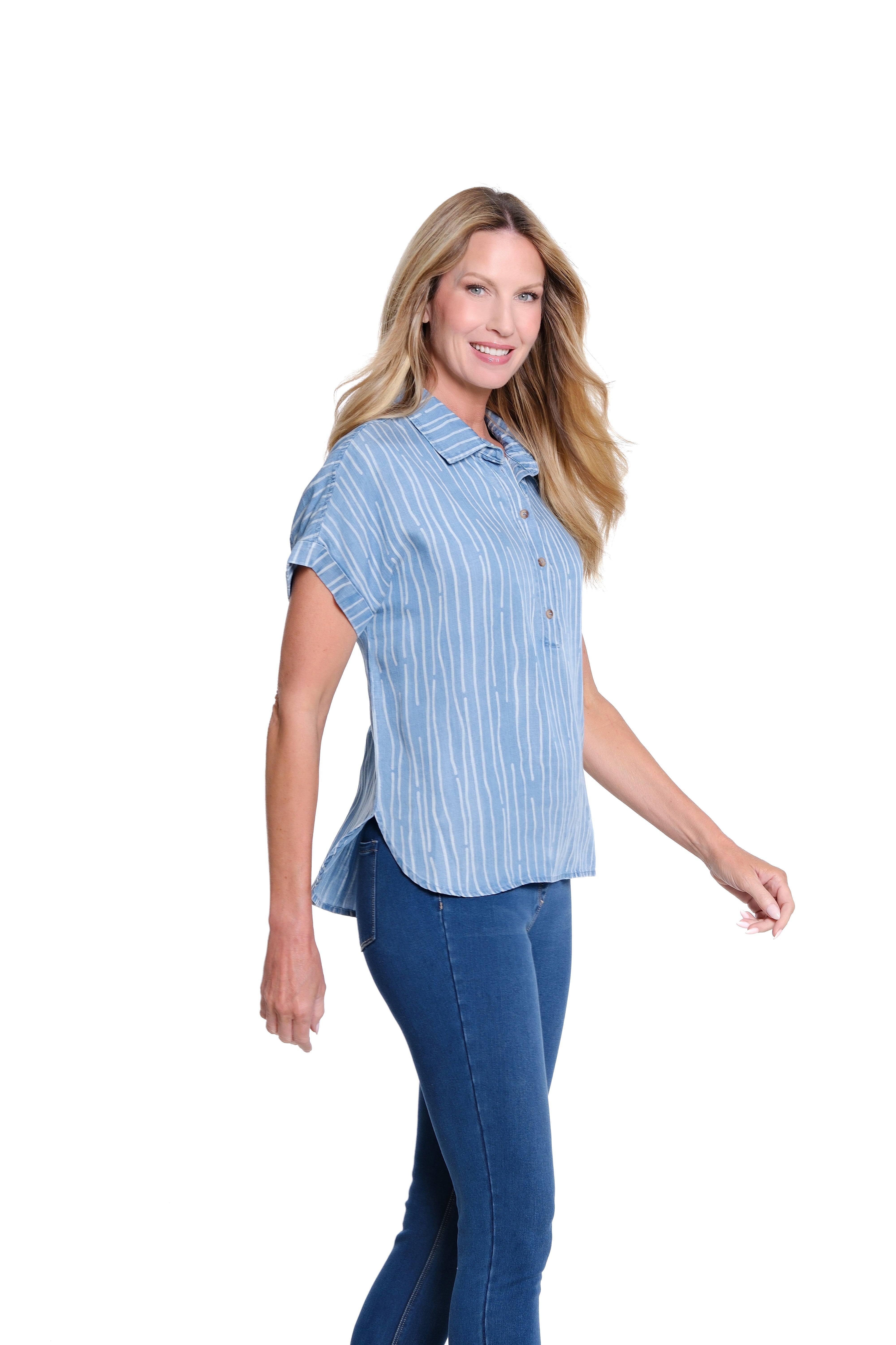 Twill & Print Denim Popover Top - Plus - Light Indigo Print
