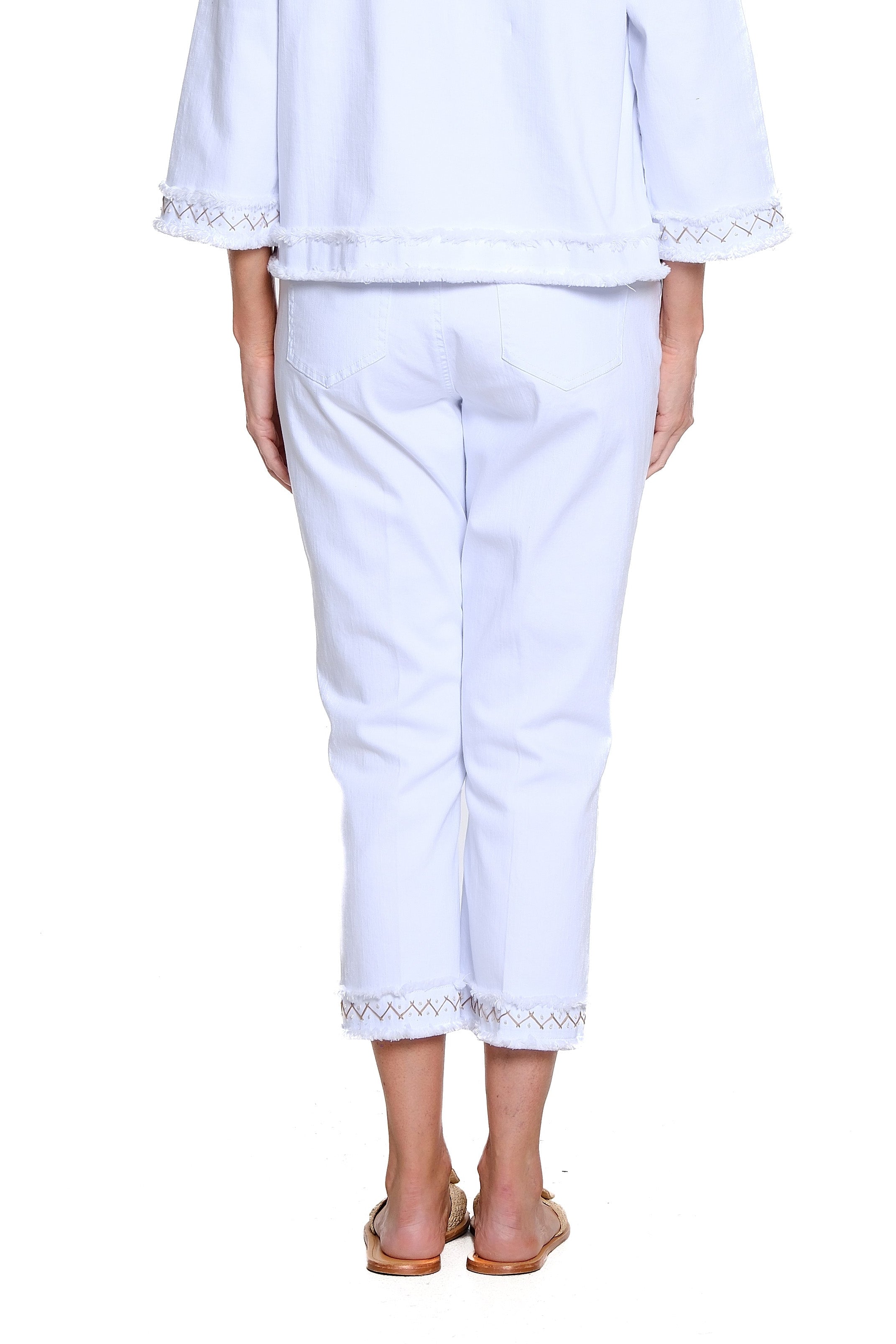 Denim Crop Pant with Embroidery Fringe Hem - White