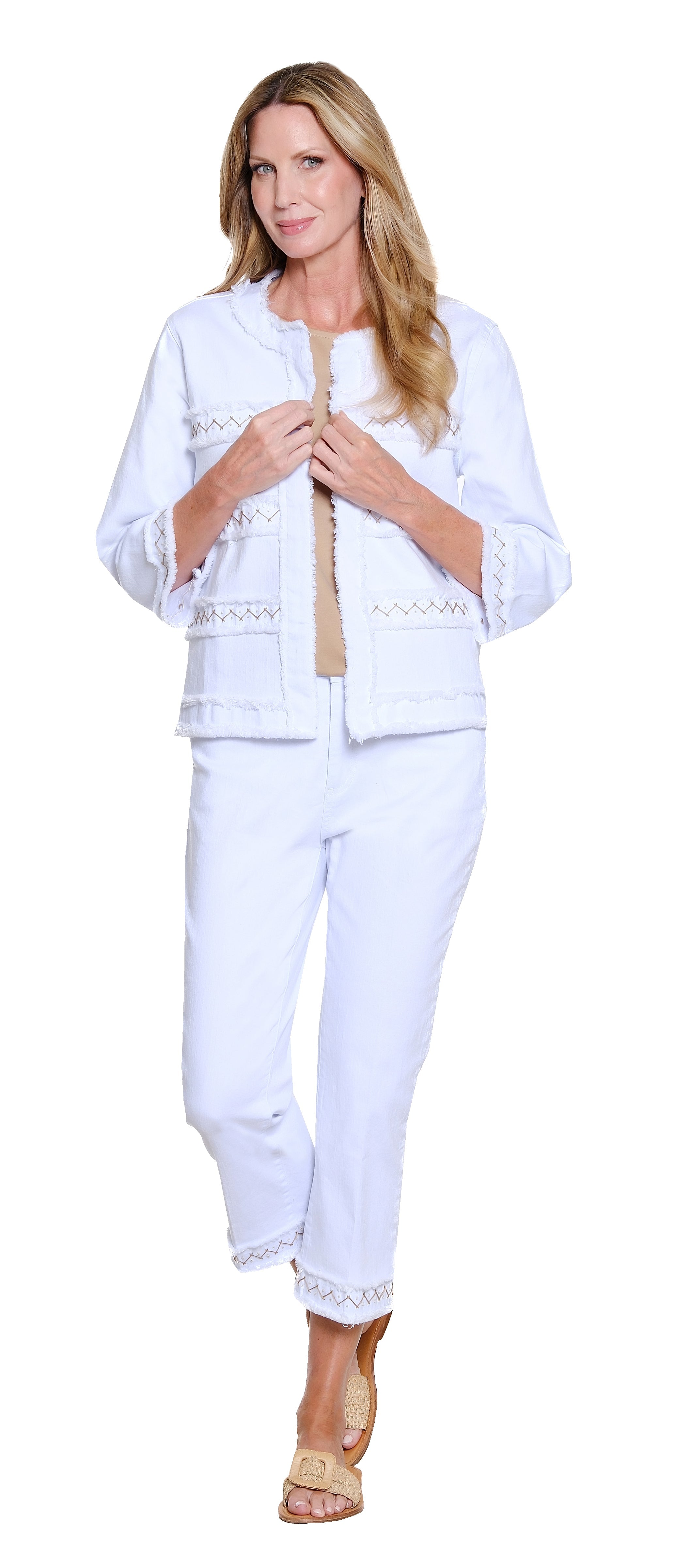 Denim Crop Pant with Embroidery Fringe Hem - White
