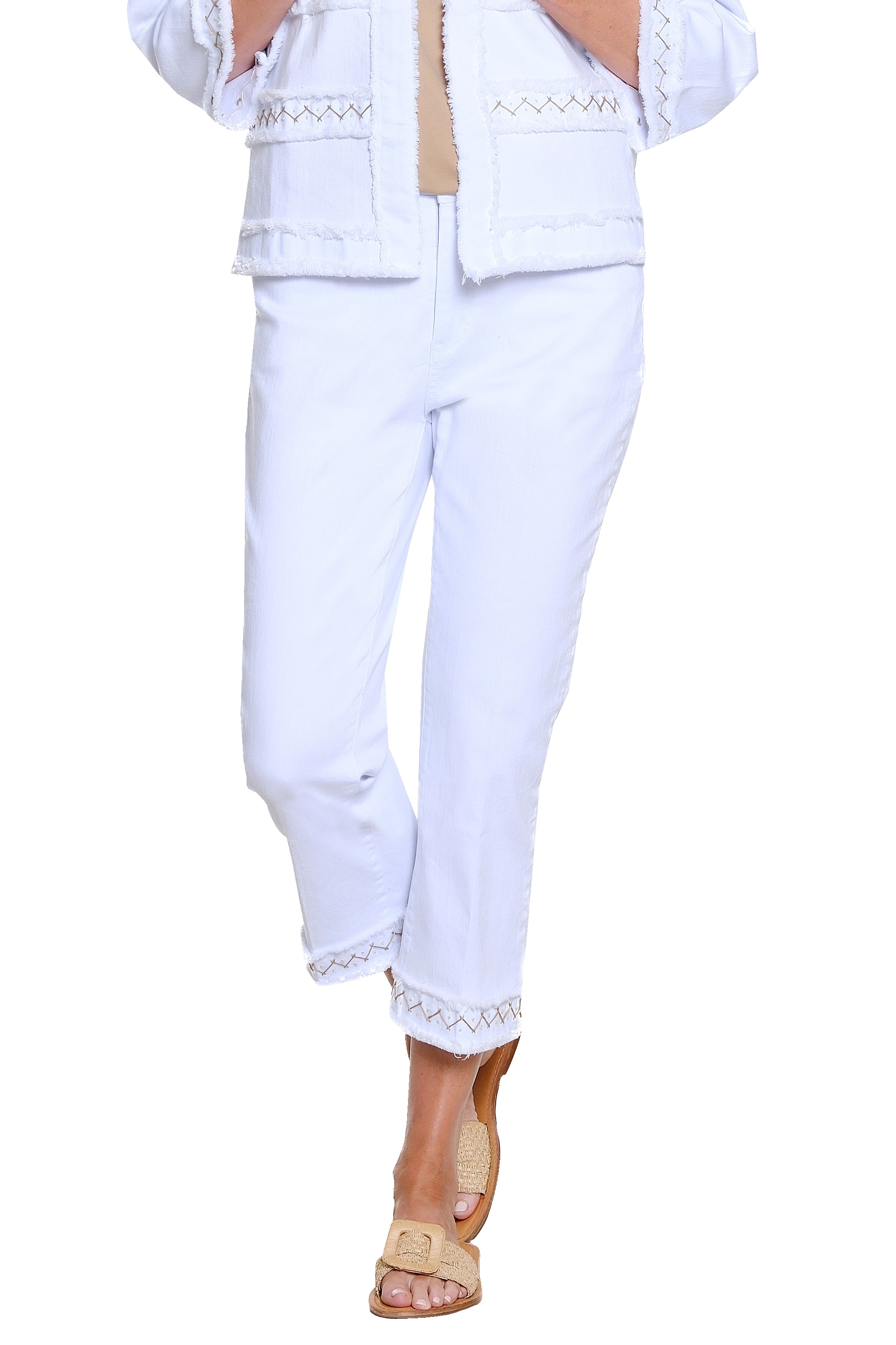 Denim Crop Pant with Embroidery Fringe Hem - White