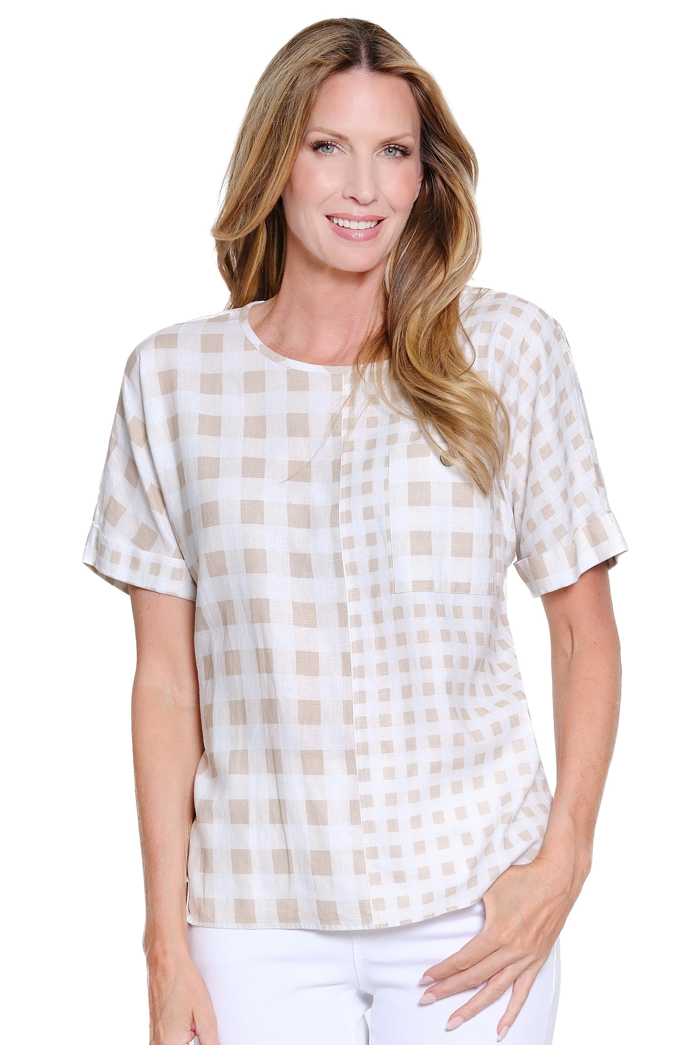 Cuffed Short Sleeve Check Print Top - Khaki