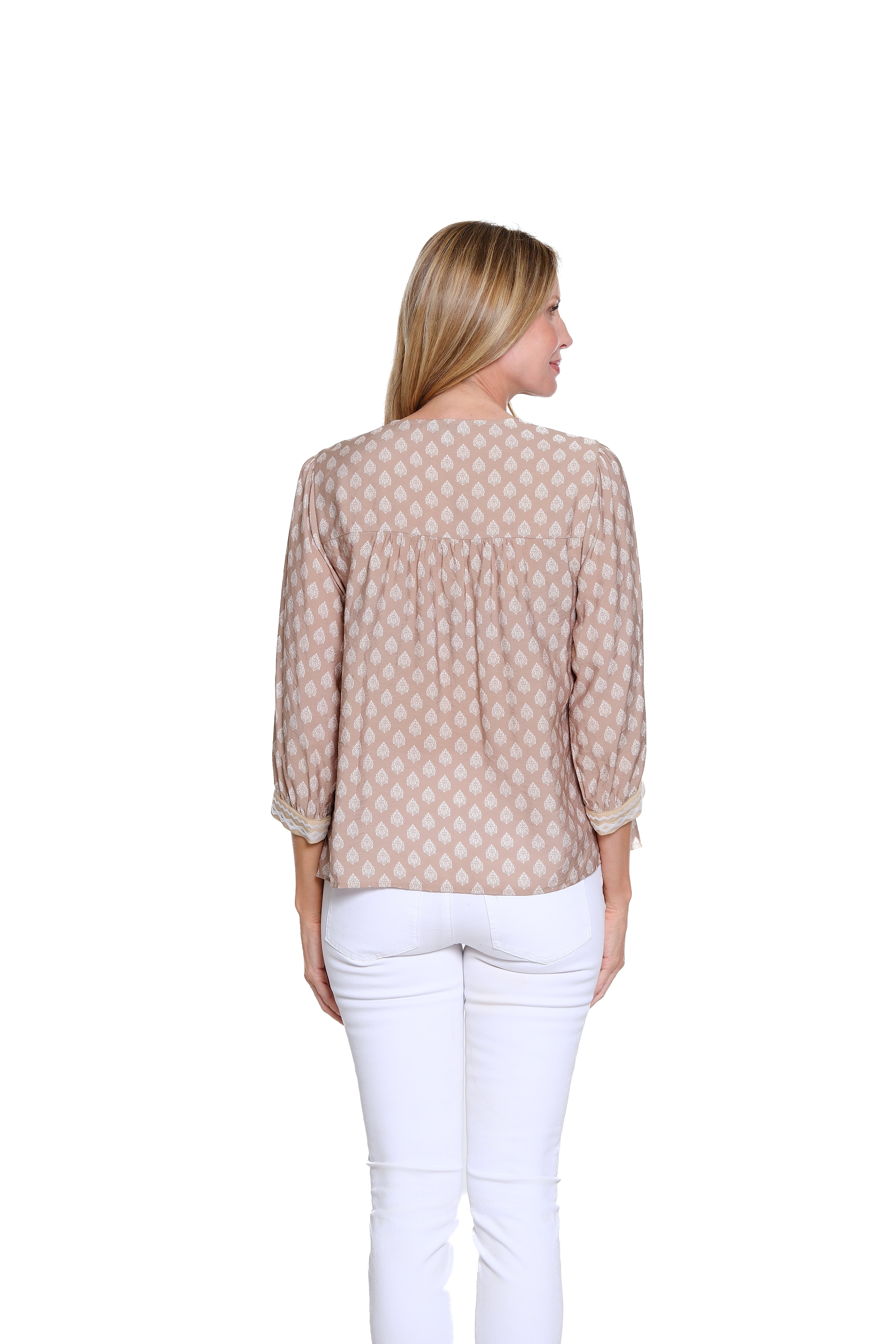 3/4 Sleeve Banded V-Neck Print Top Embroidery Detail - Khaki