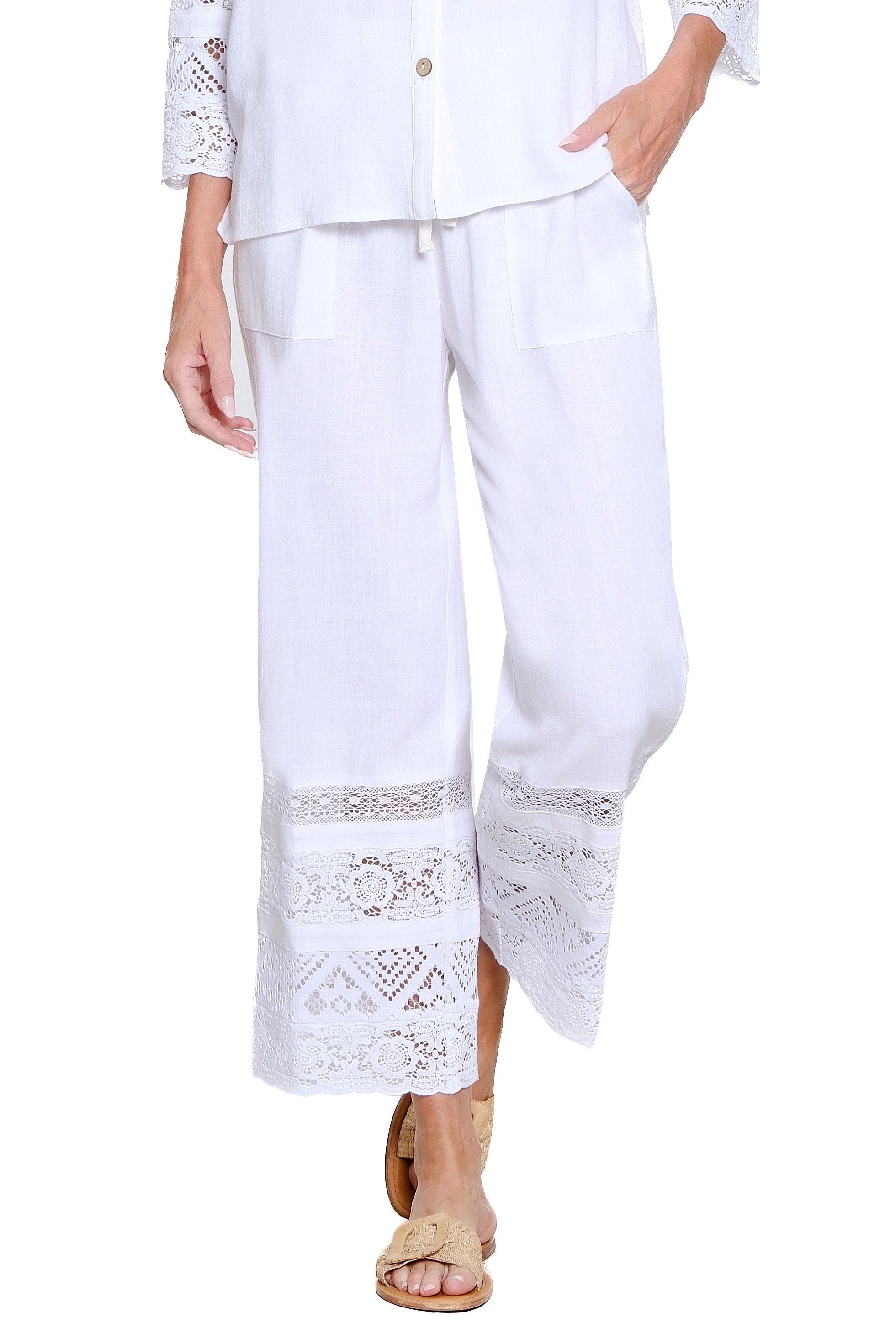 White Drawstring Textured Slub Crop Pant - Plus
