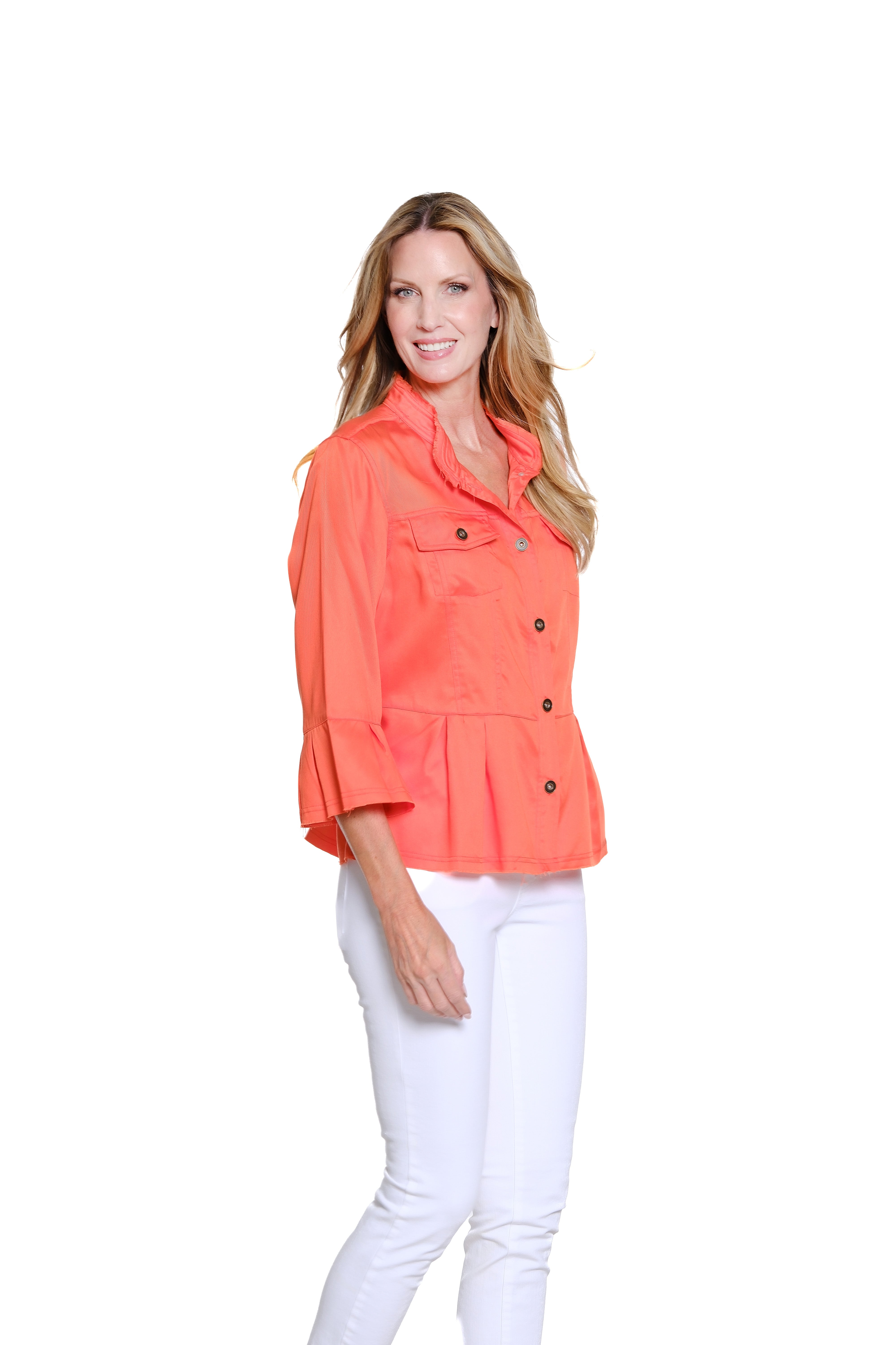 3/4 Flounce Sleeve Peplum Twill Jacket- Plus
