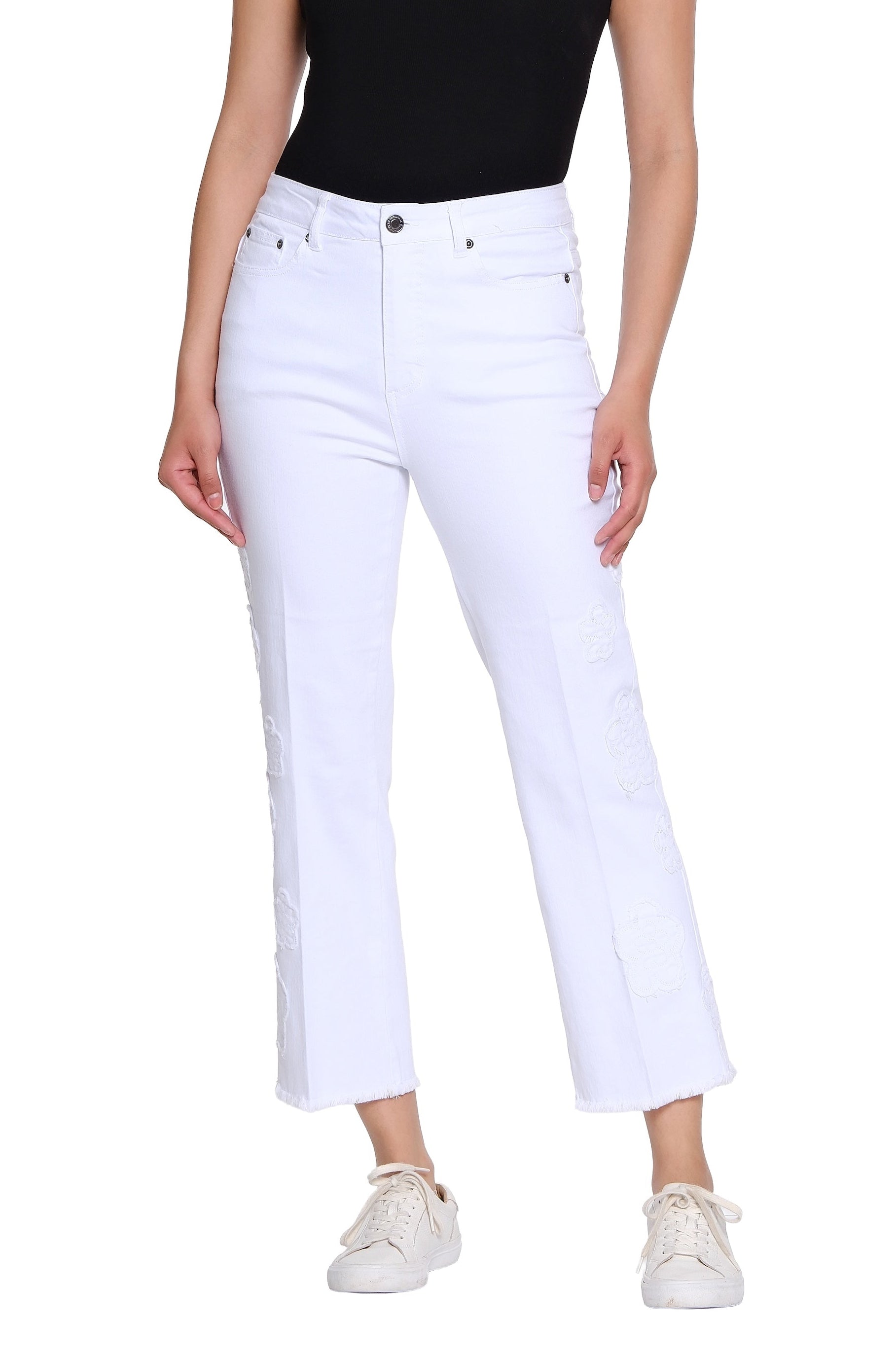Denim Crop Pant with Appliqué Detail - White