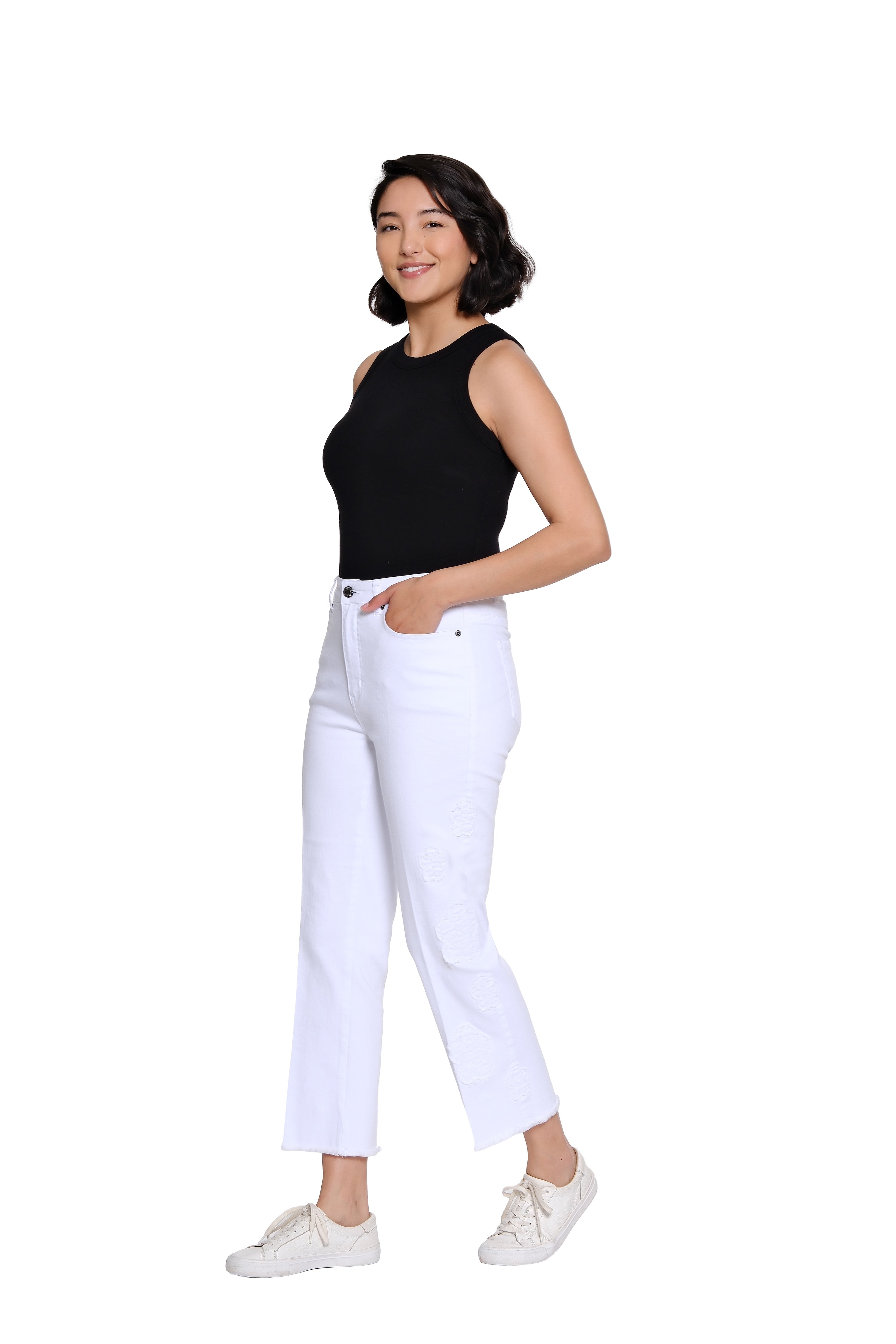 Denim Crop Pant with Appliqué Detail - Petite - White