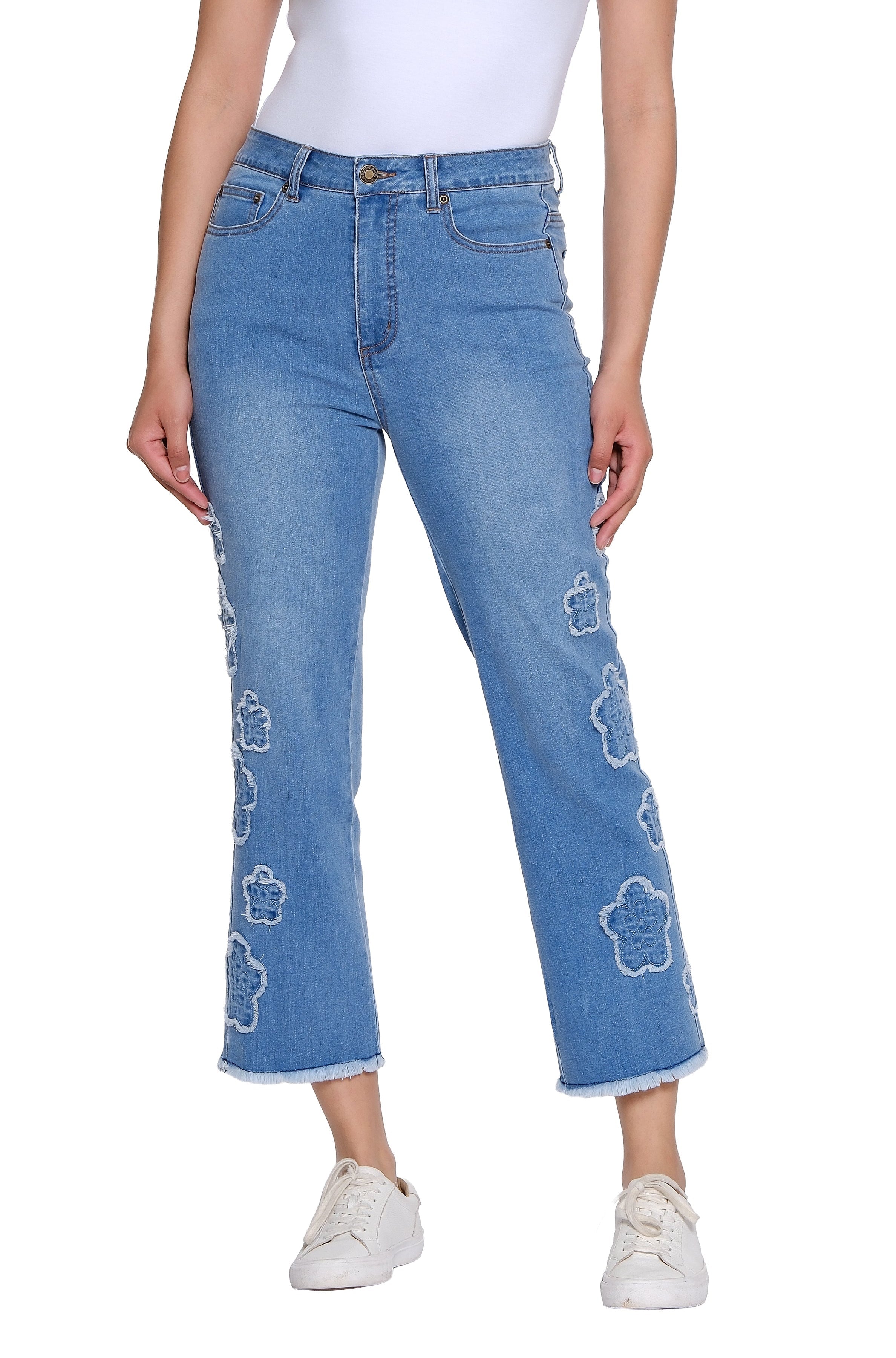 Denim Crop Pant with Appliqué Detail - Petite - Medium Indigo