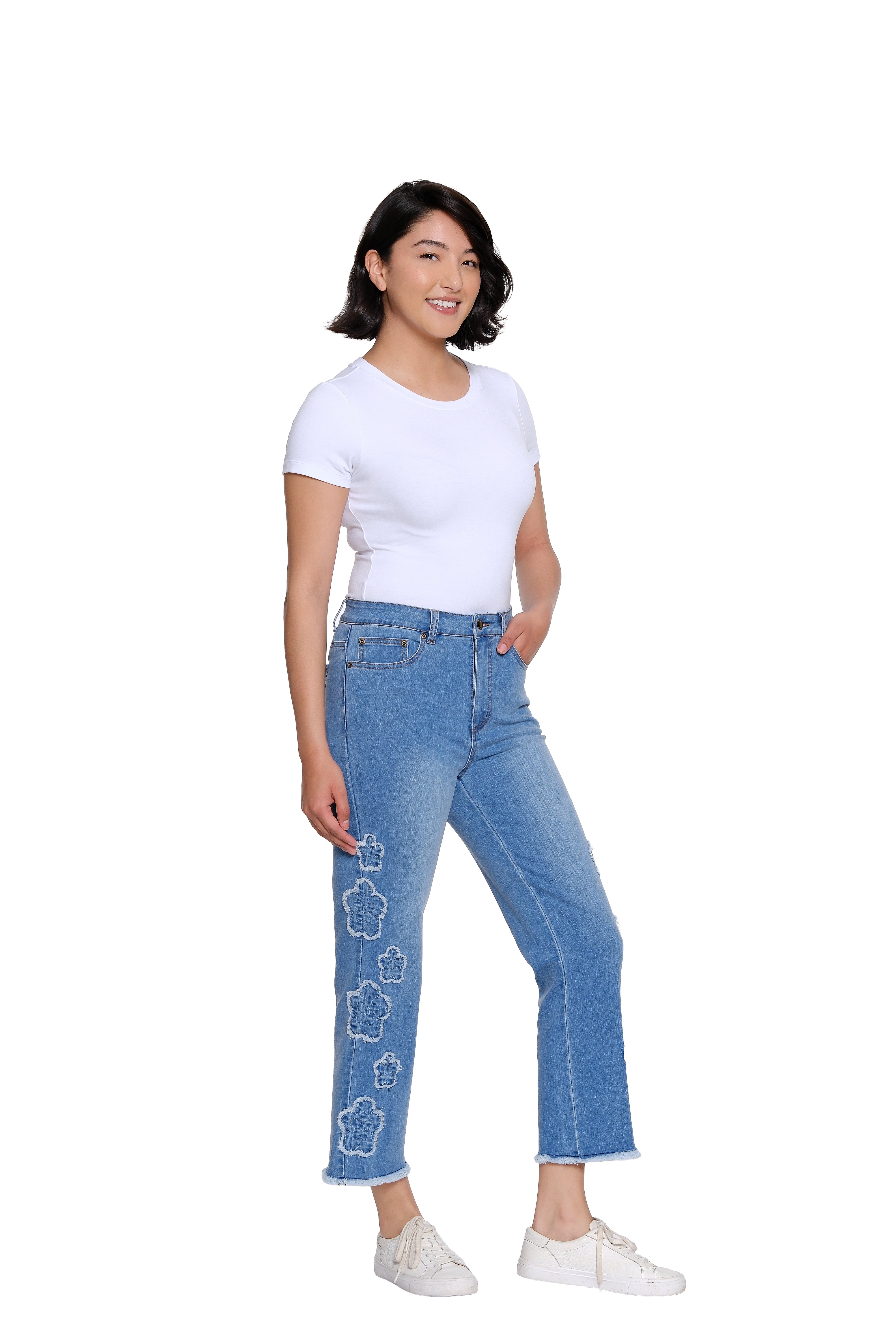 Denim Crop Pant with Appliqué Detail - Petite - Medium Indigo