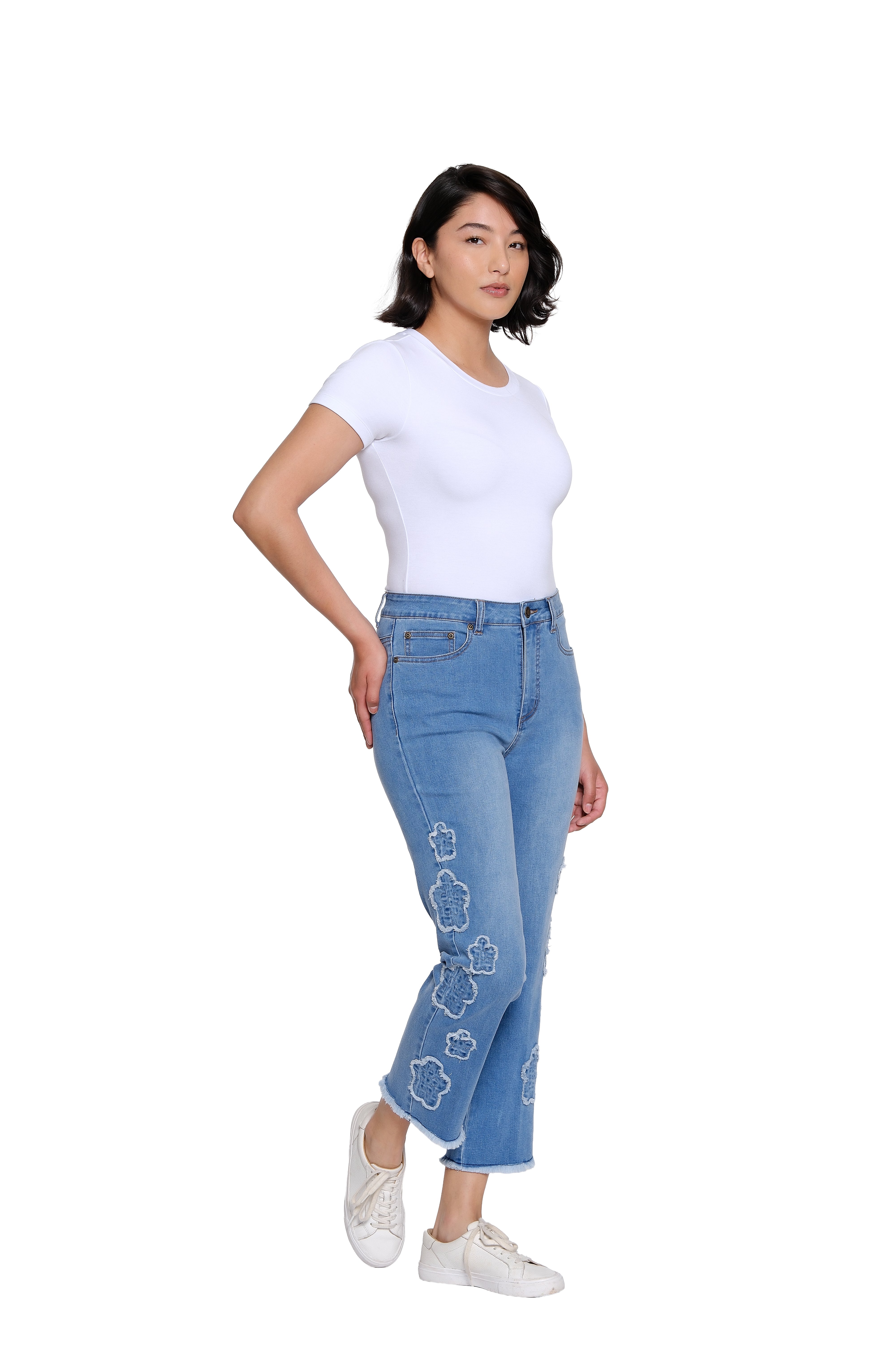 Plus Size Denim Crop Pant with Appliqué Detail - Medium Indigo