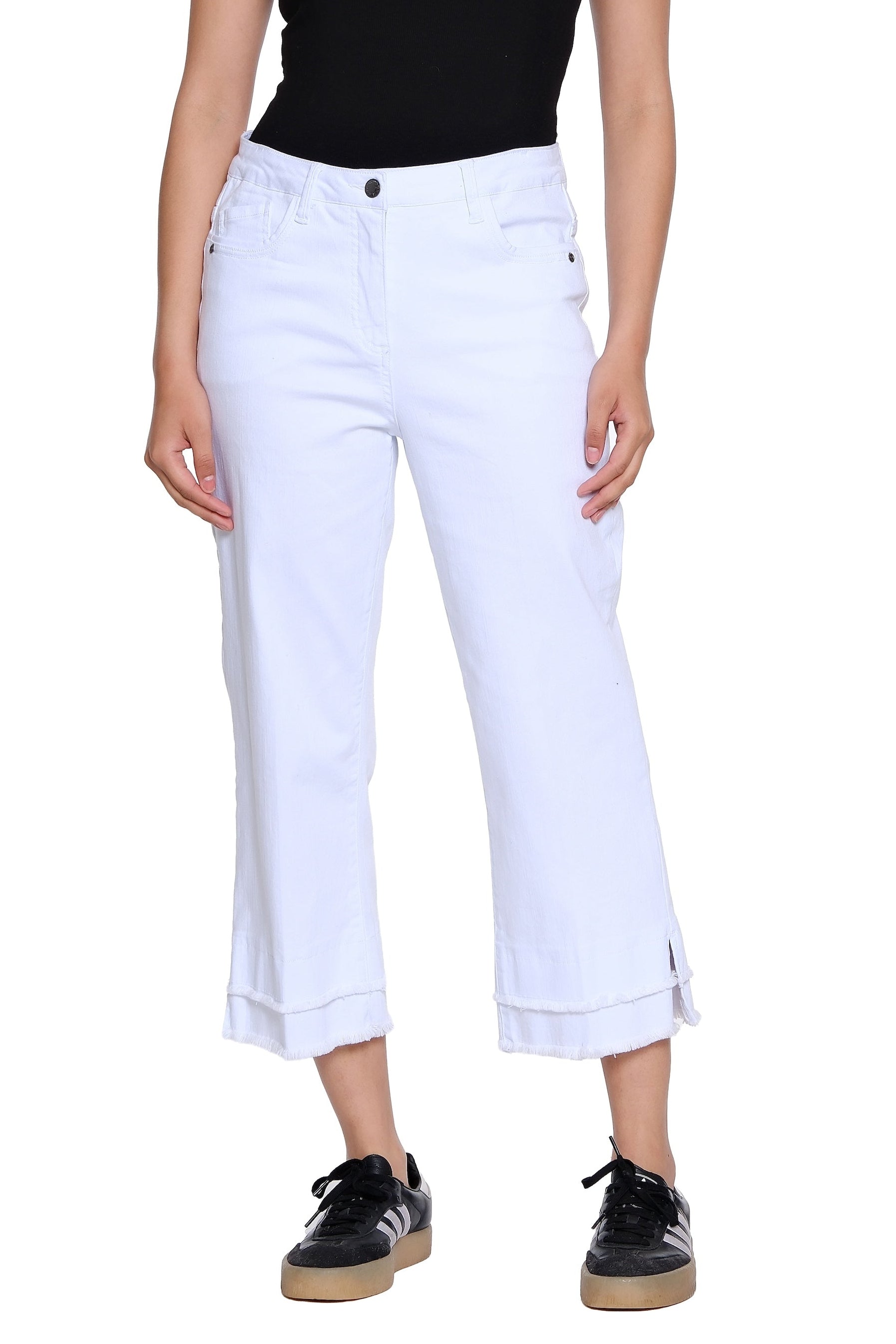 Denim Crop Pant with Double Fringe Hem - Plus - White