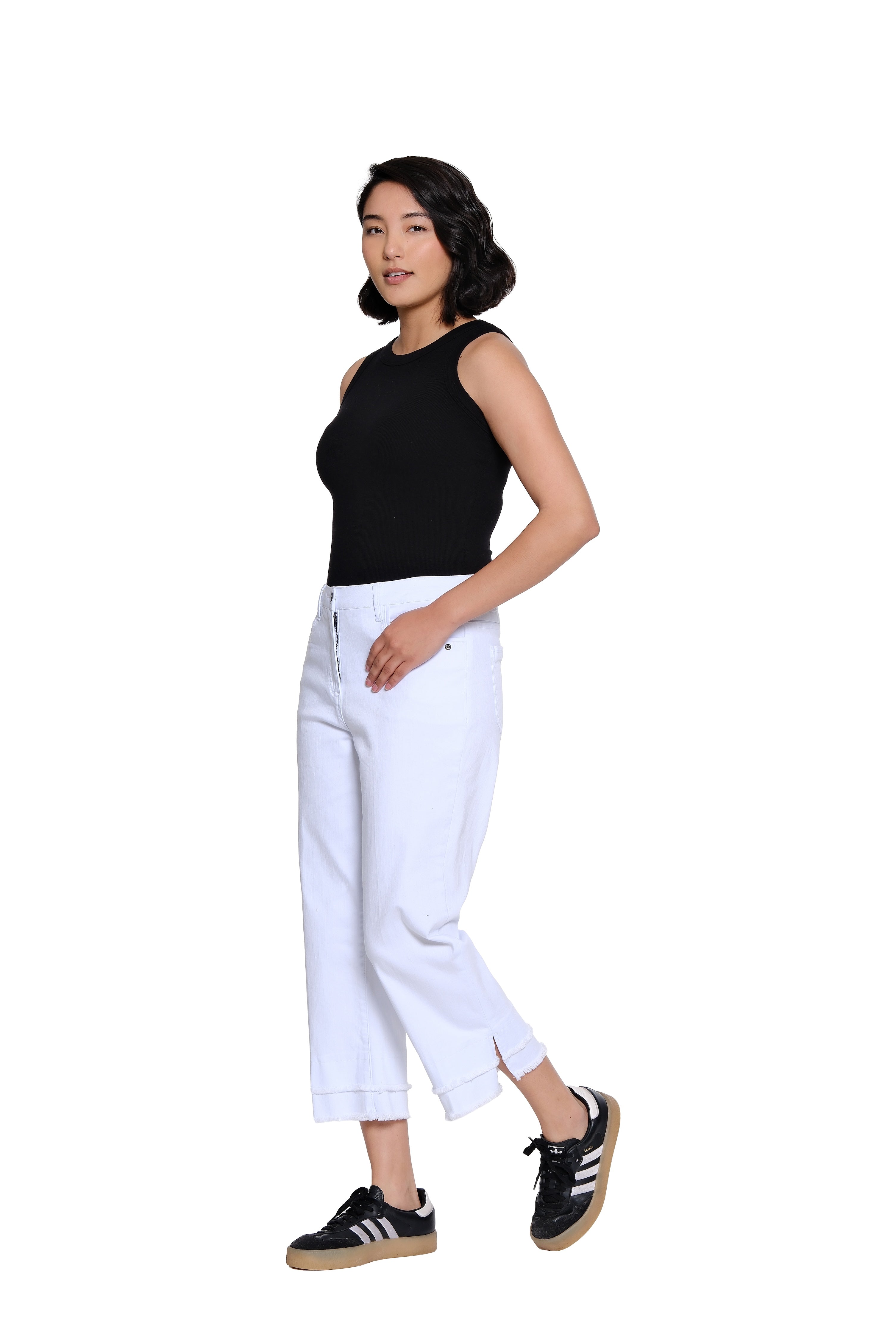 Denim Crop Pant with Double Fringe Hem - Plus - White