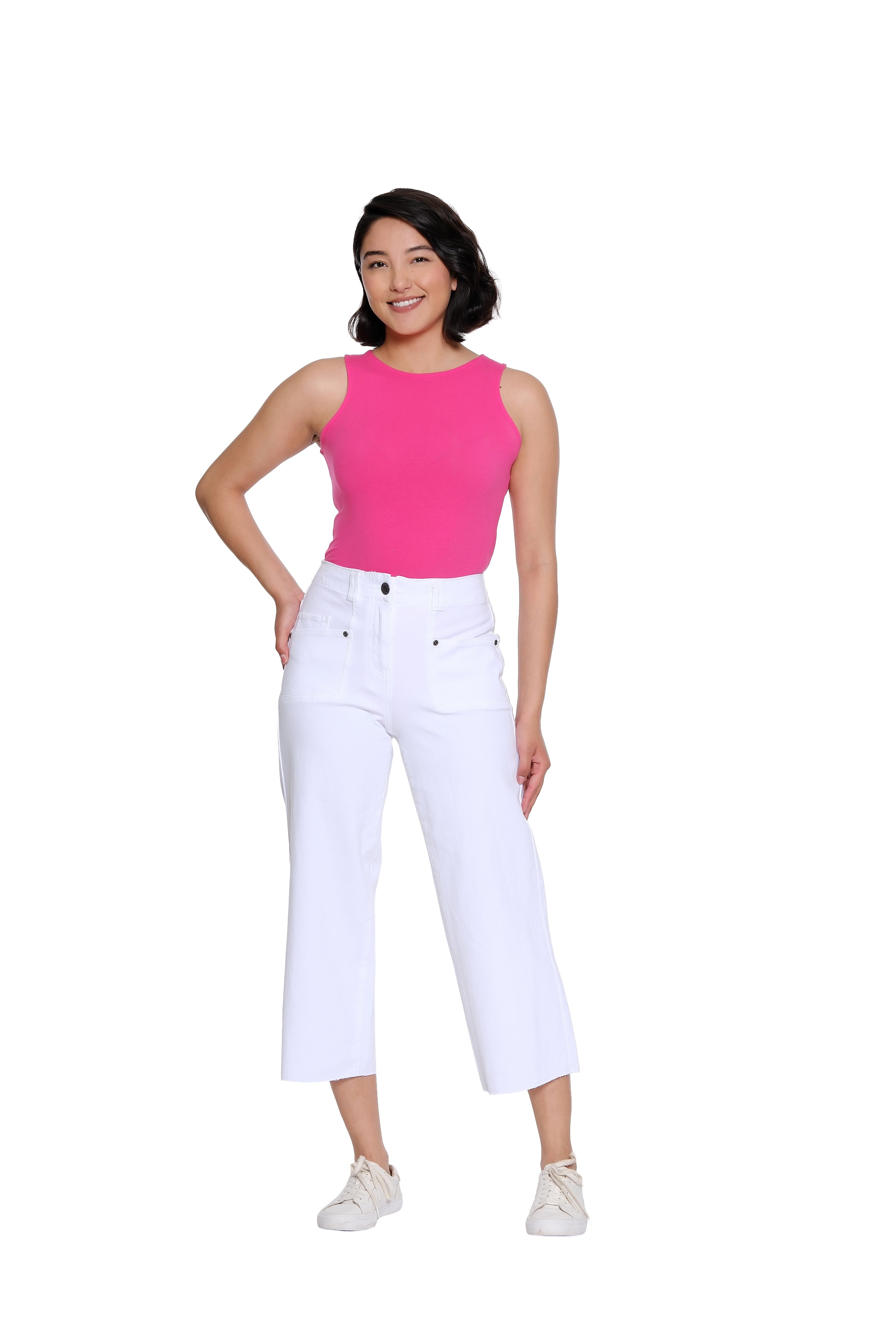 Stretch Denim Crop Pant with Double Belt Loops - Petite - White