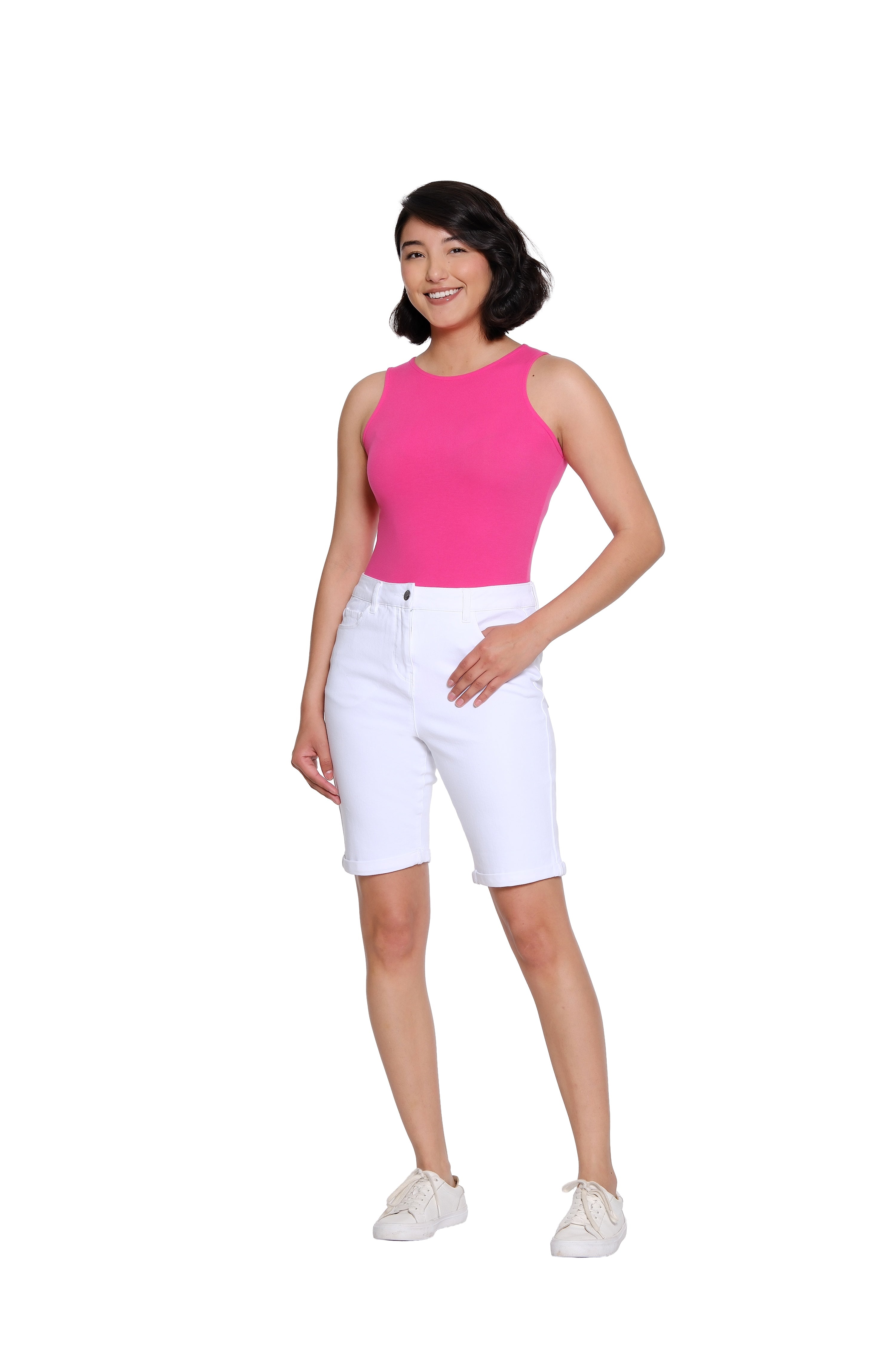 Stretch Denim Short with Rolled Hem - White