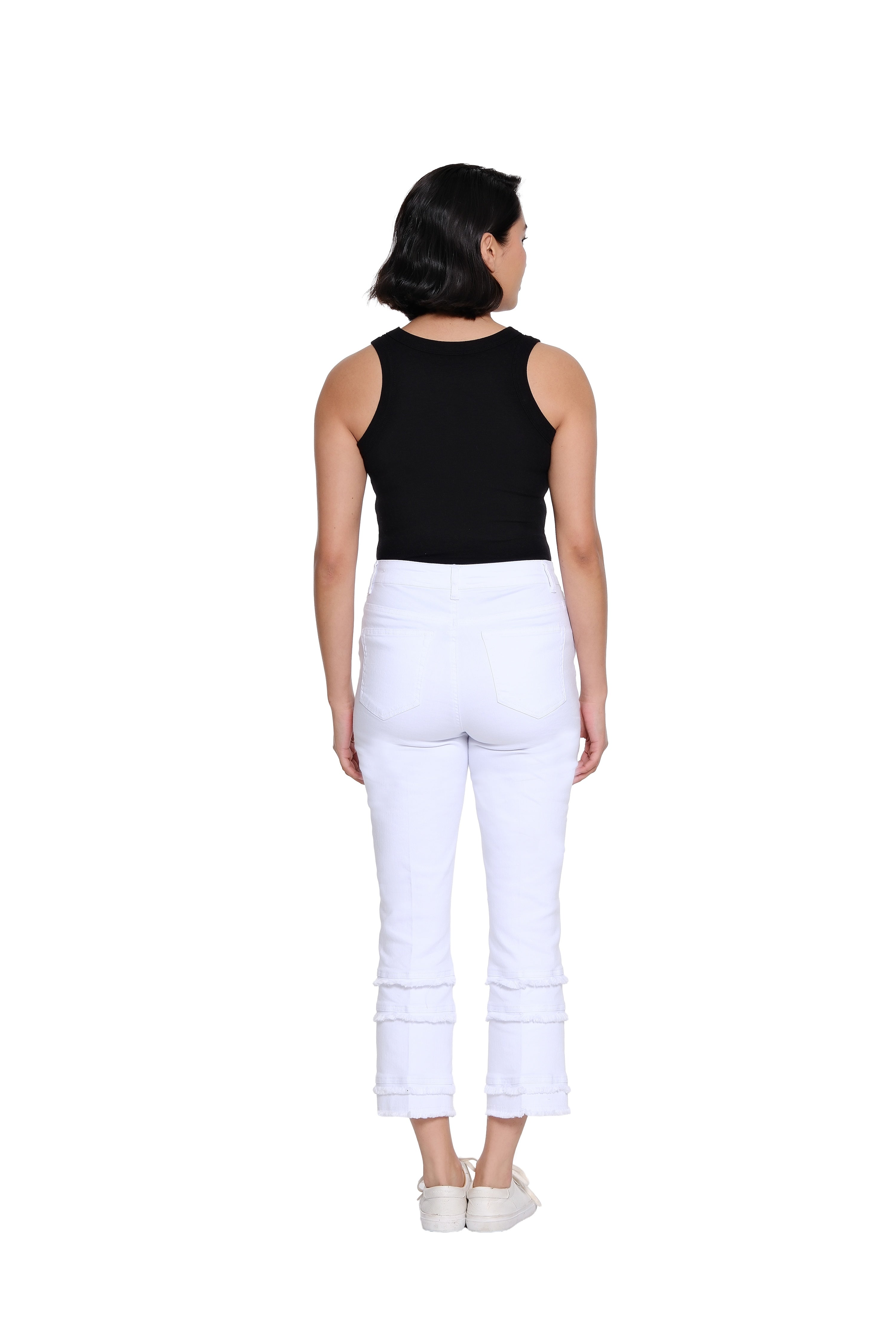 Denim Flare-Leg Crop Pant with Multi-Fringe Hem - Plus - White