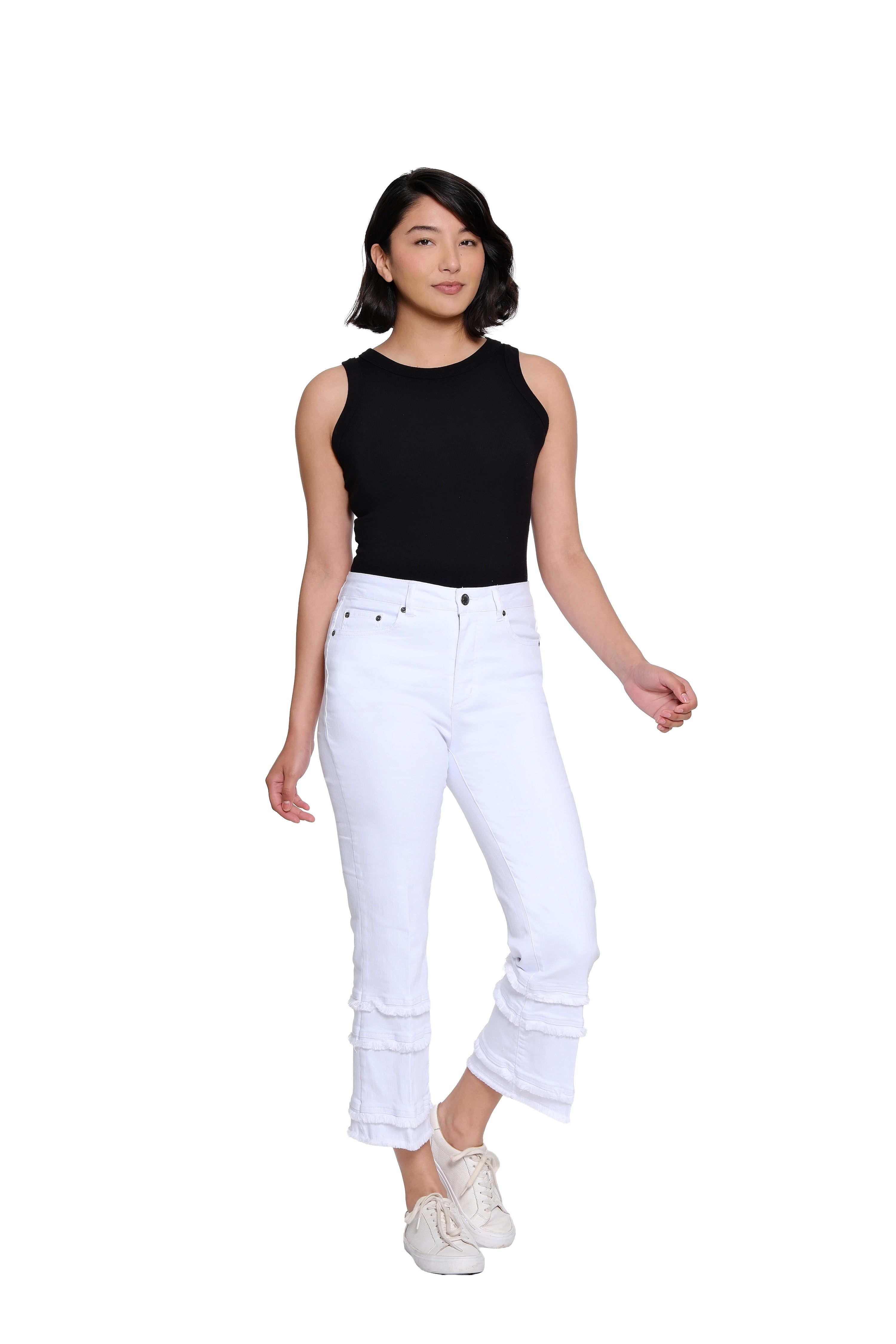 Denim Flare-Leg Crop Pant with Multi-Fringe Hem - Plus - White