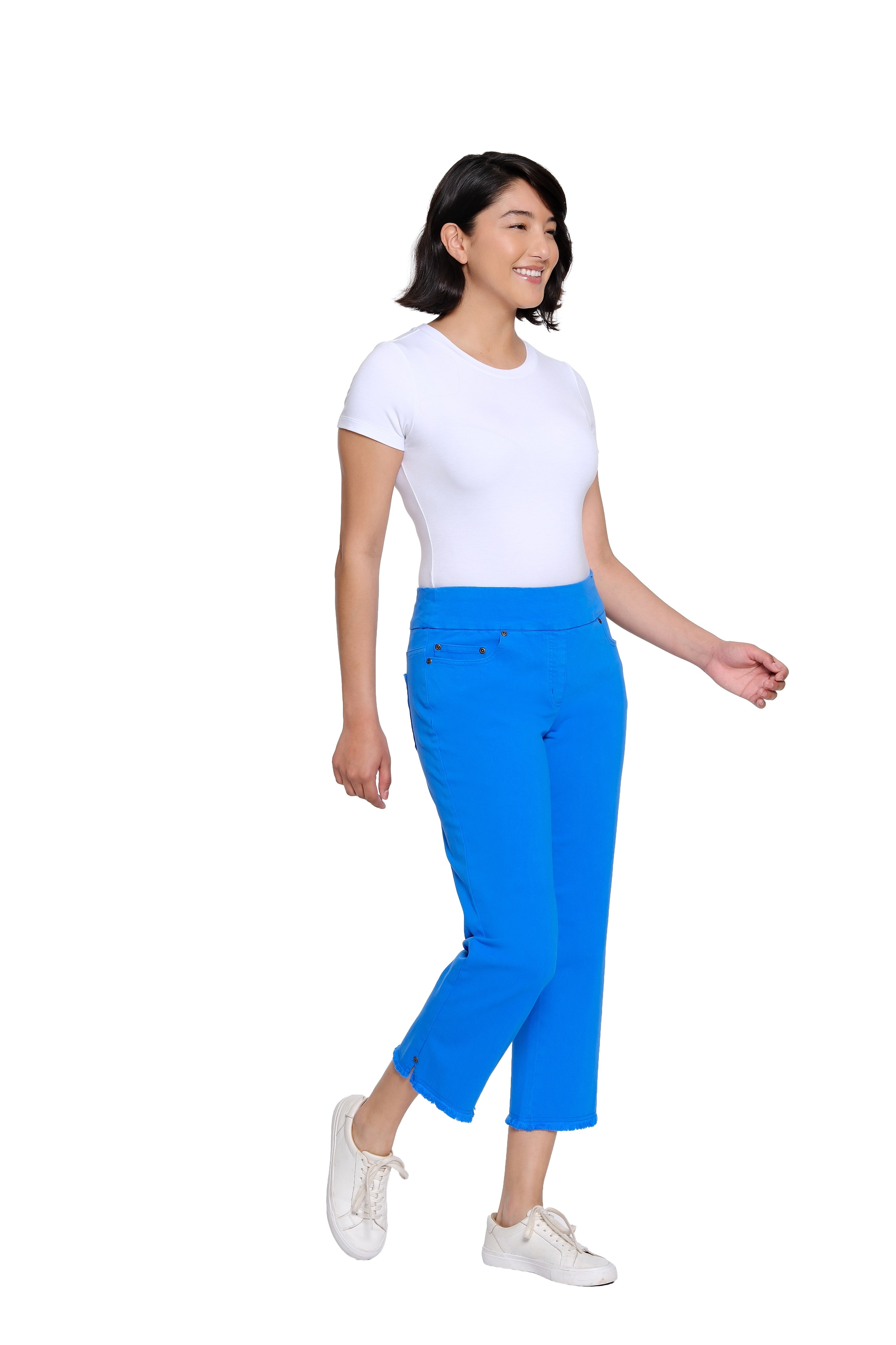 Stretch Denim Crop Pant with Fringe Hem - Electric Blue