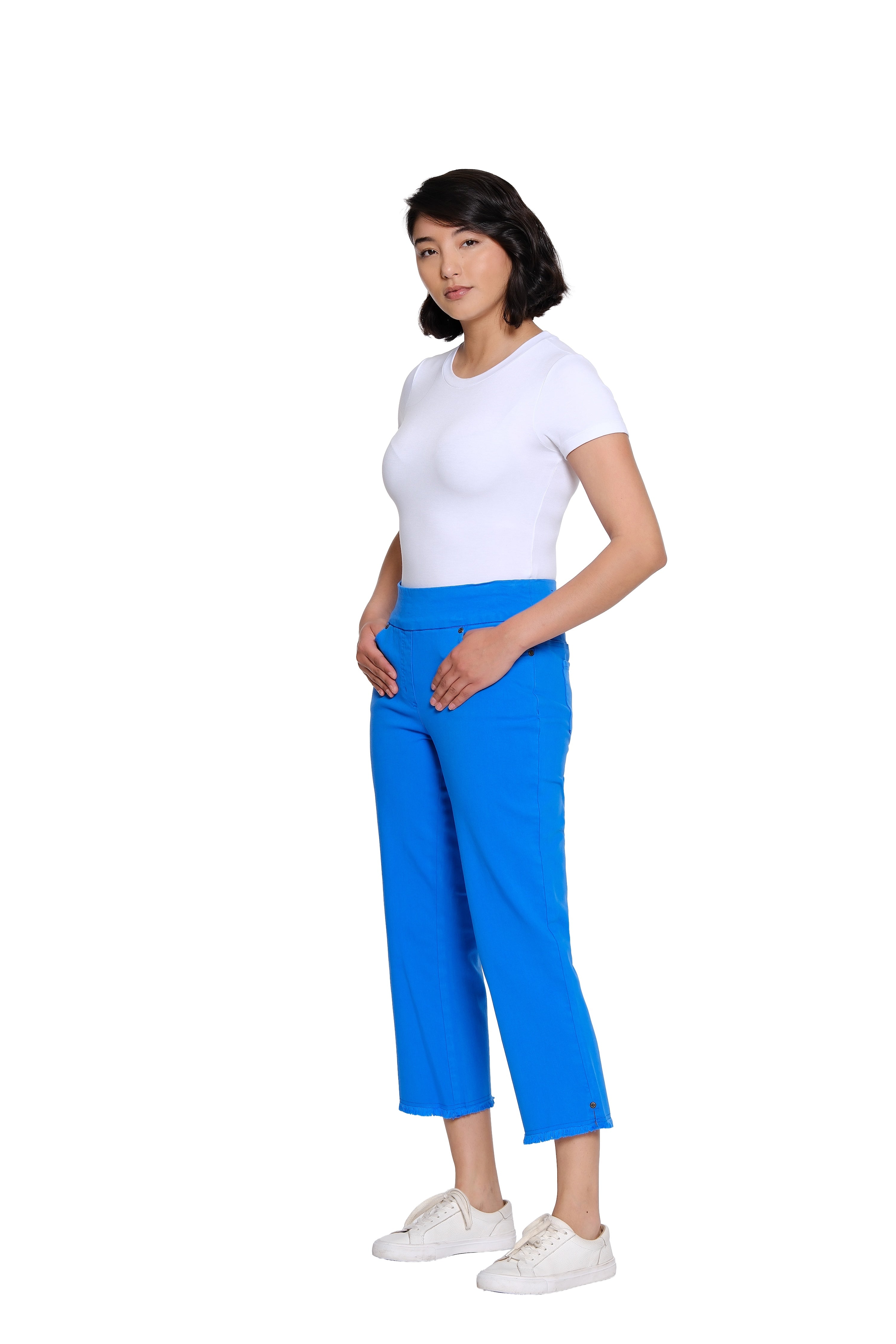 Stretch Denim Crop Pant with Fringe Hem - Electric Blue