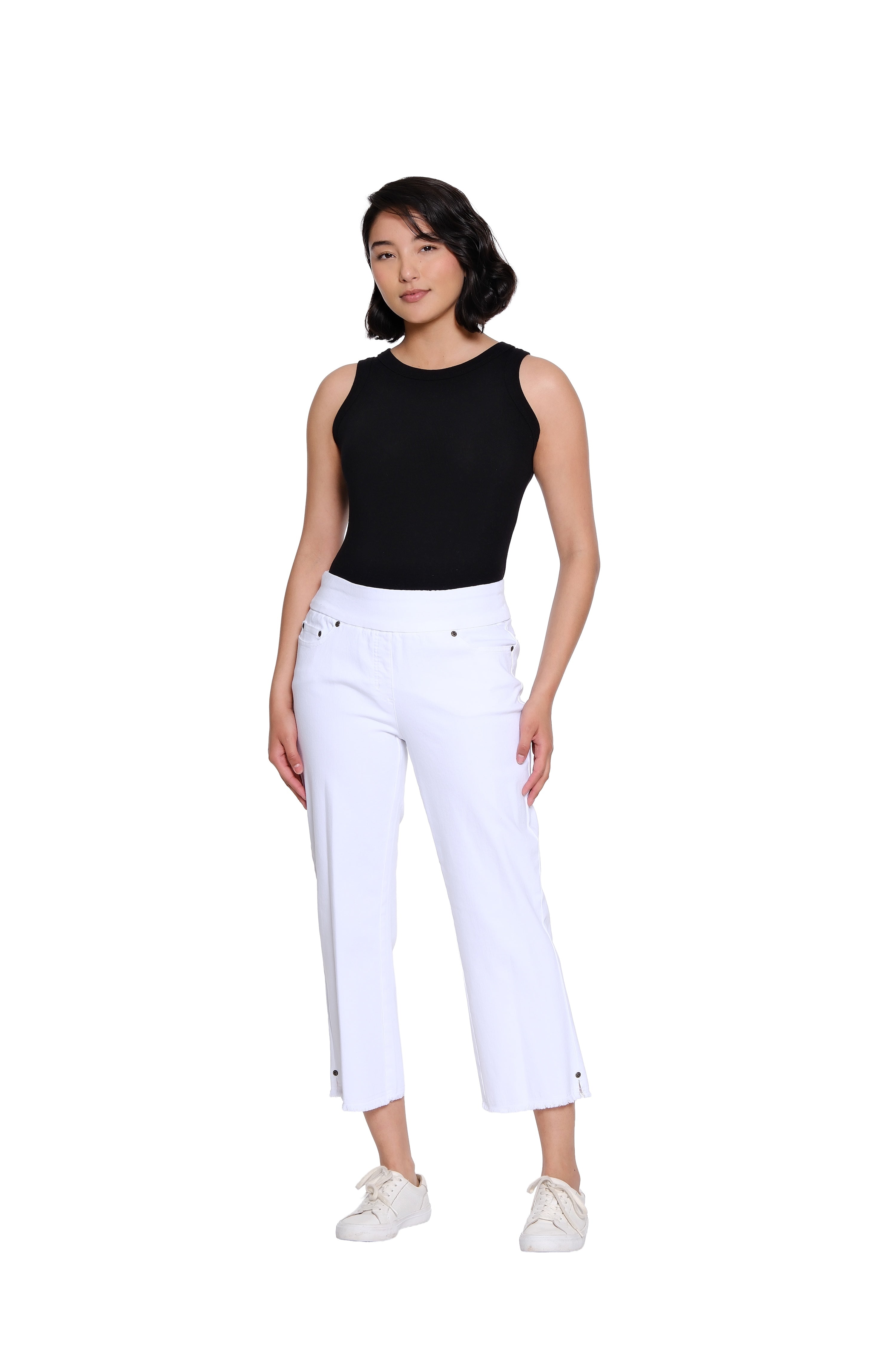 Stretch Denim Crop Pant with Fringe Hem - White