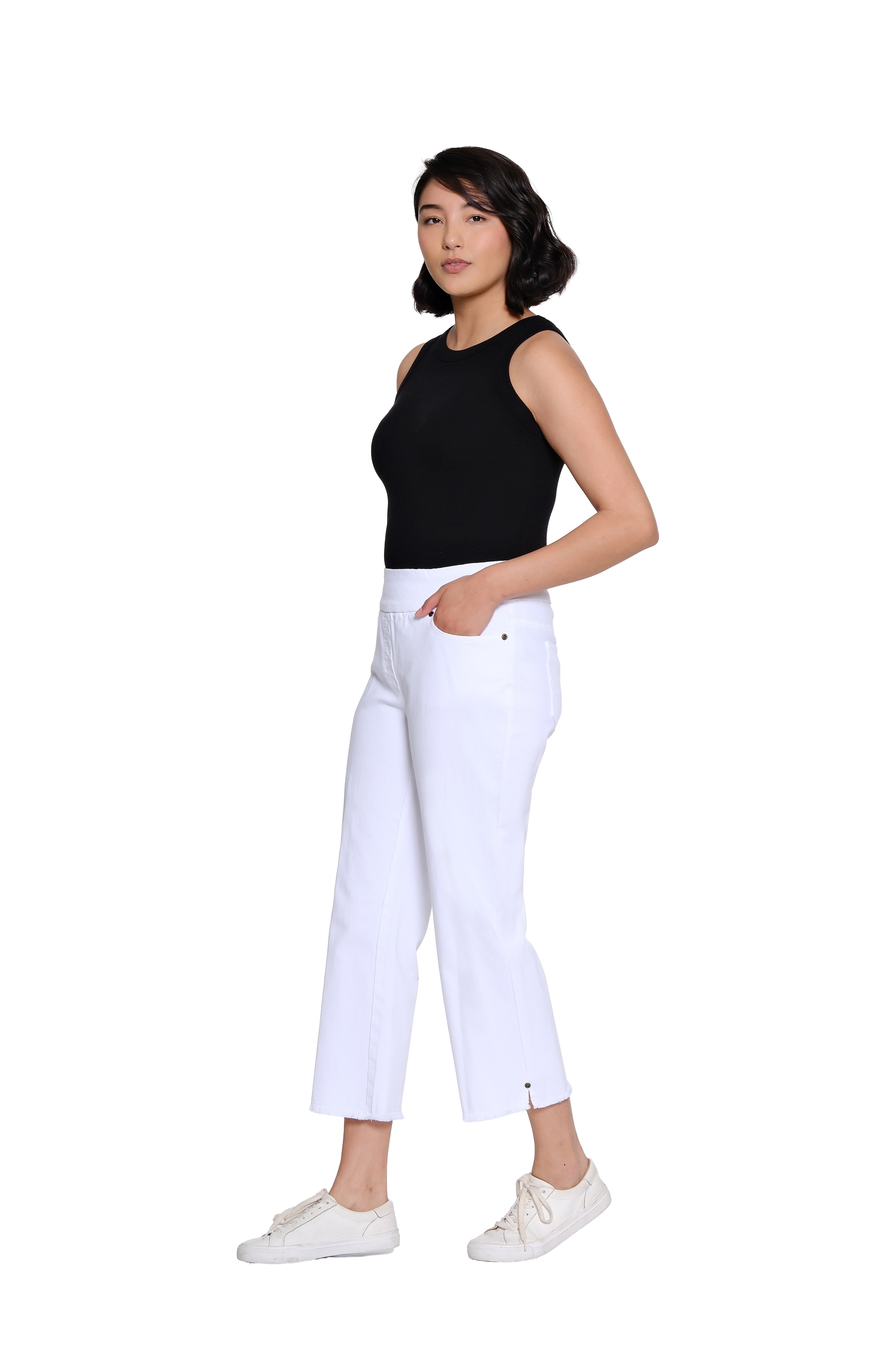 Stretch Denim Crop Pant with Fringe Hem - White