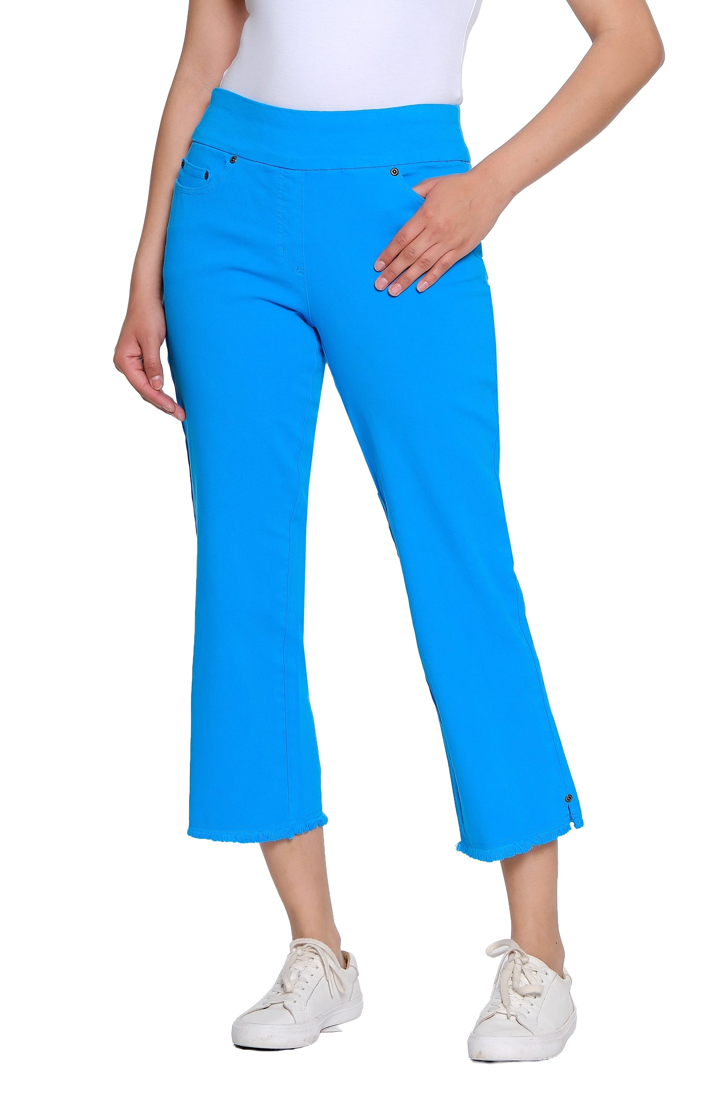 Stretch Denim Crop Pant with Fringe Hem - Bright Turquoise