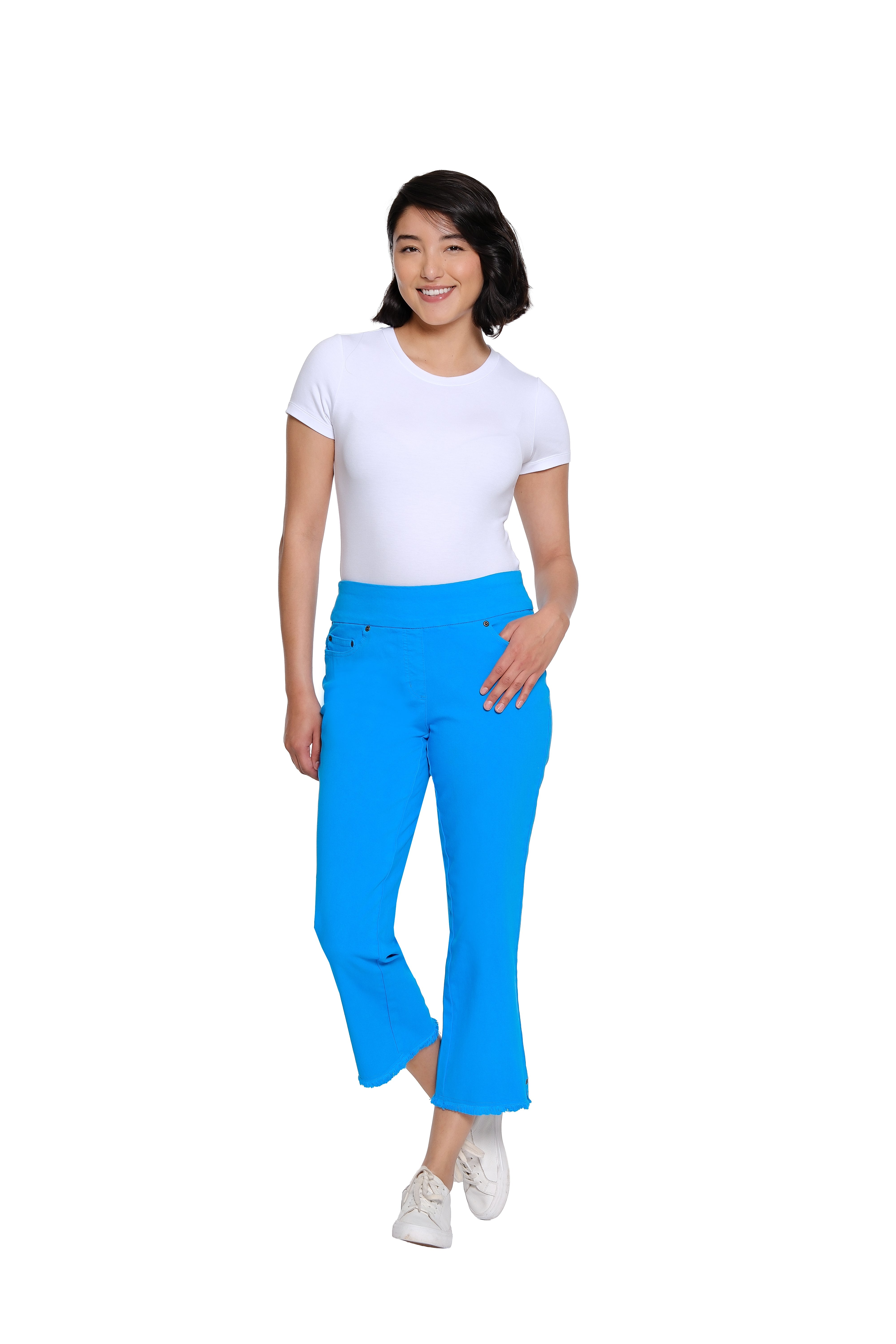 Stretch Denim Crop Pant with Fringe Hem - Plus - Bright Turquoise
