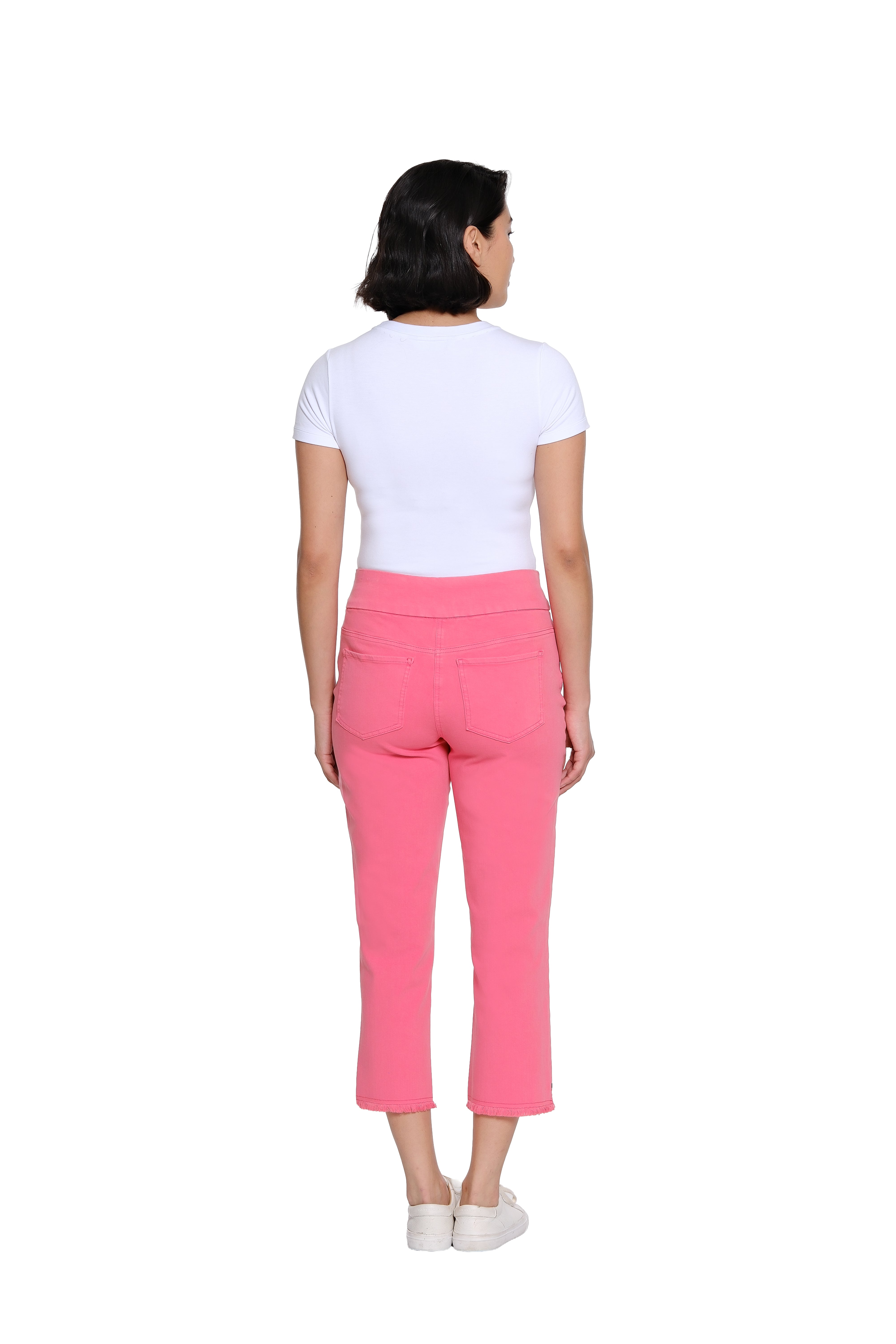 Coral Pink Fringe Hem Denim Crop Pant - Plus