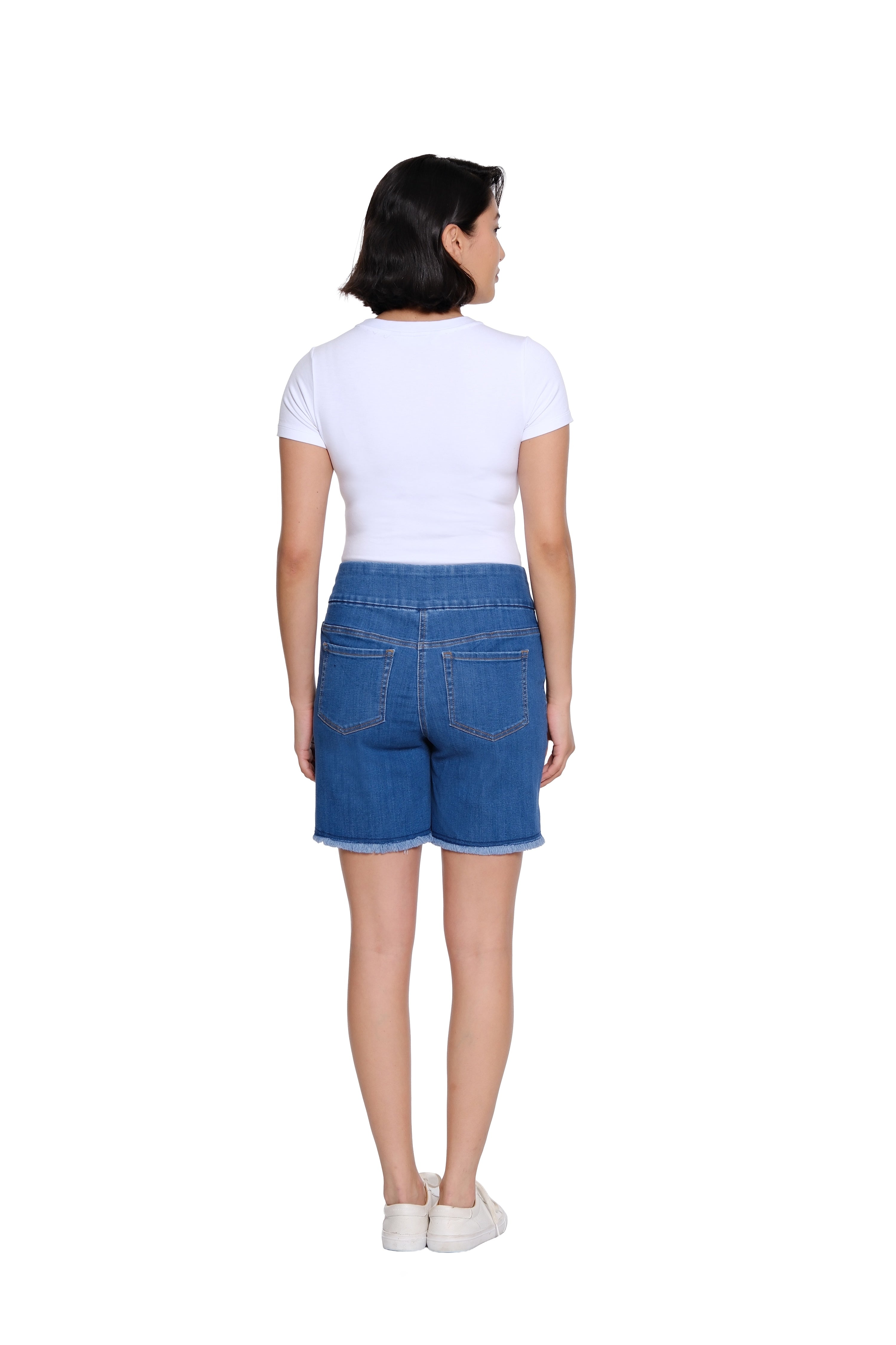 Stretch Denim Short with Fringe Hem - Medium Indigo