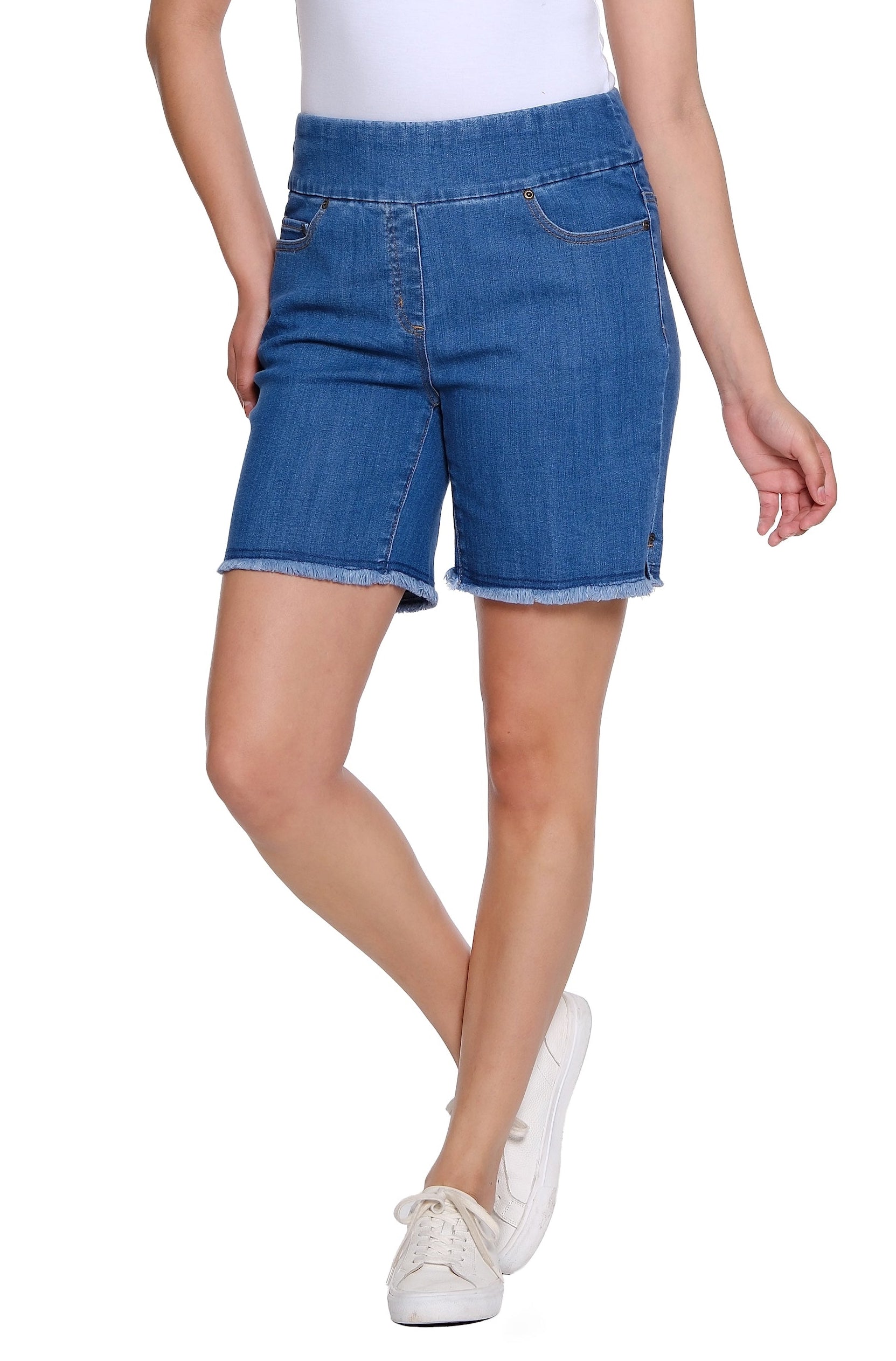 Stretch Denim Short with Fringe Hem - Medium Indigo