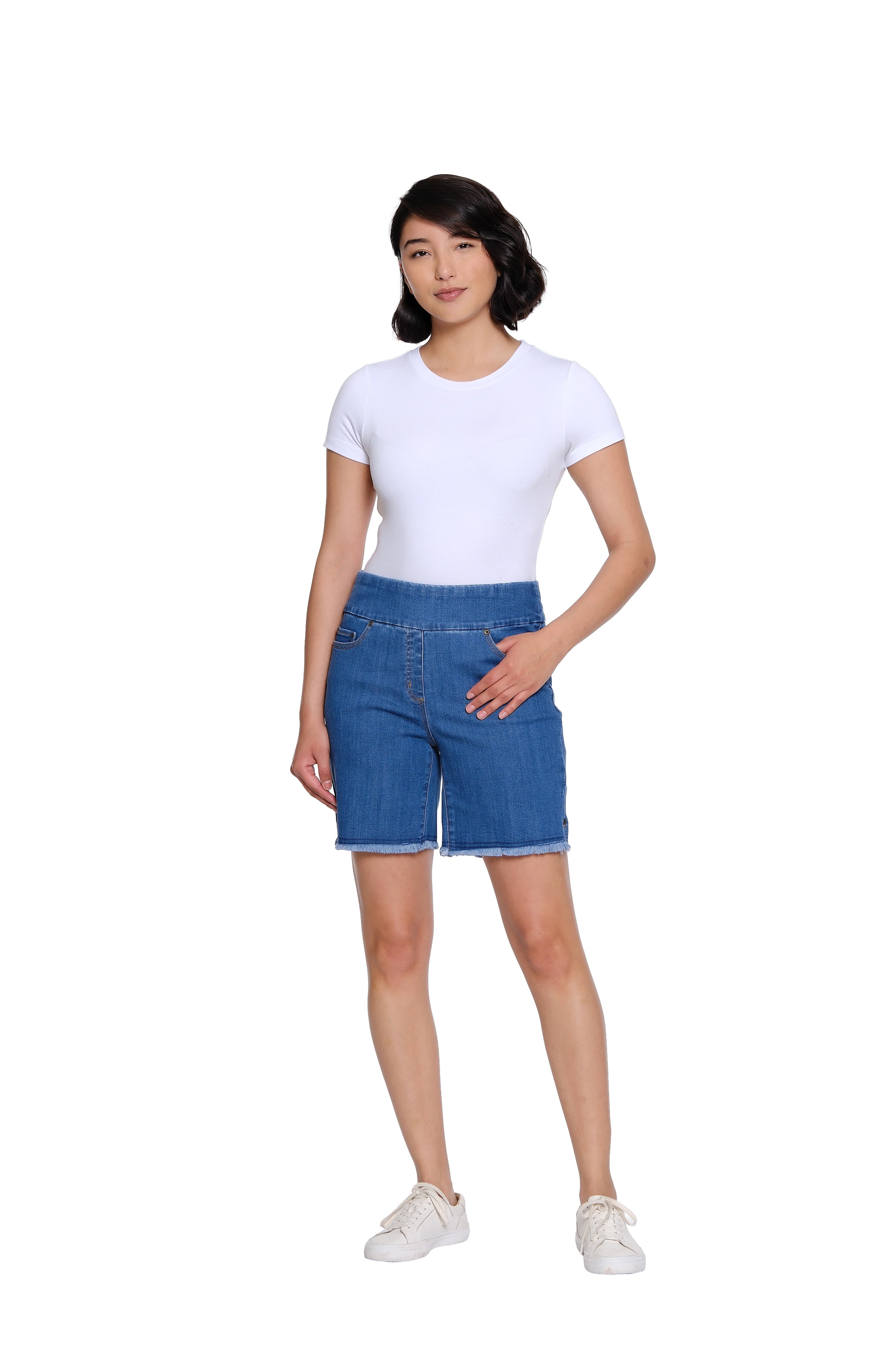 Stretch Denim Short with Fringe Hem - Medium Indigo