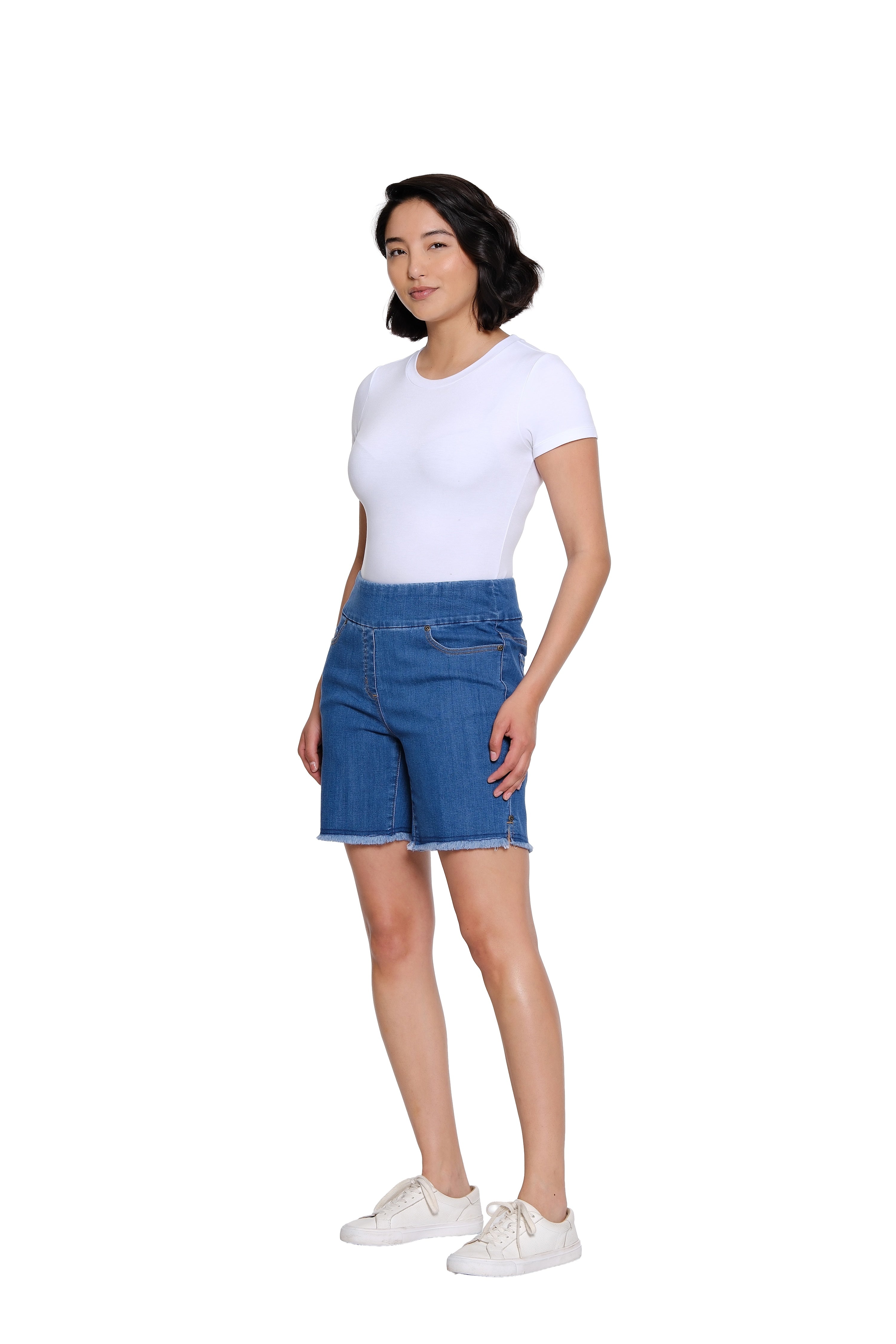 Stretch Denim Short with Fringe Hem - Medium Indigo